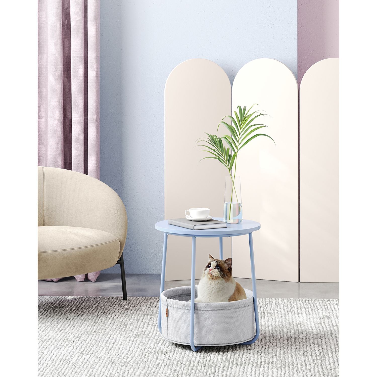 Round side table with fabric basket - 17" wide - sturdy steel frame - quick assembly