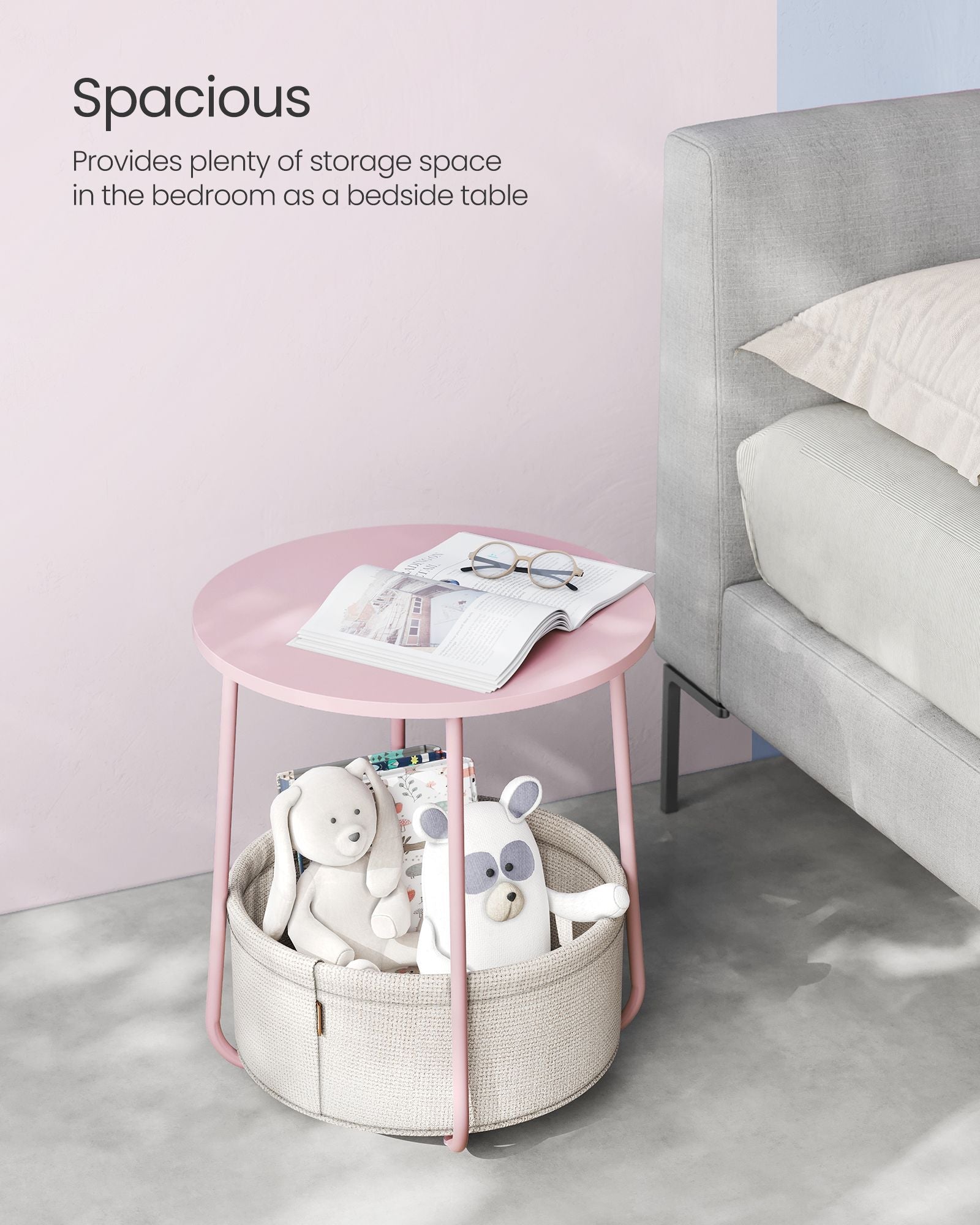 Round side table with fabric basket - 17" wide - sturdy steel frame - quick assembly