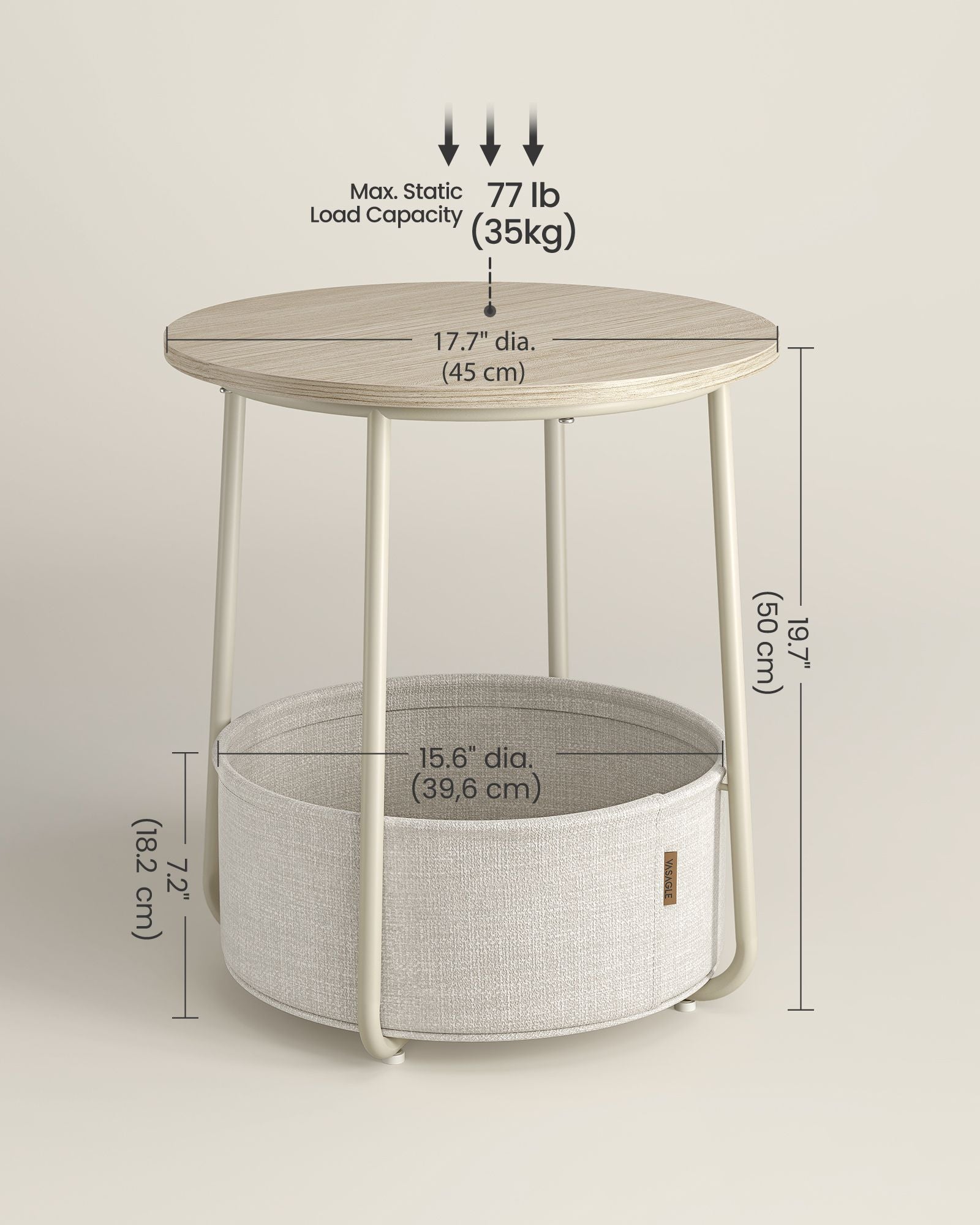Round side table with fabric basket - 17" wide - sturdy steel frame - quick assembly