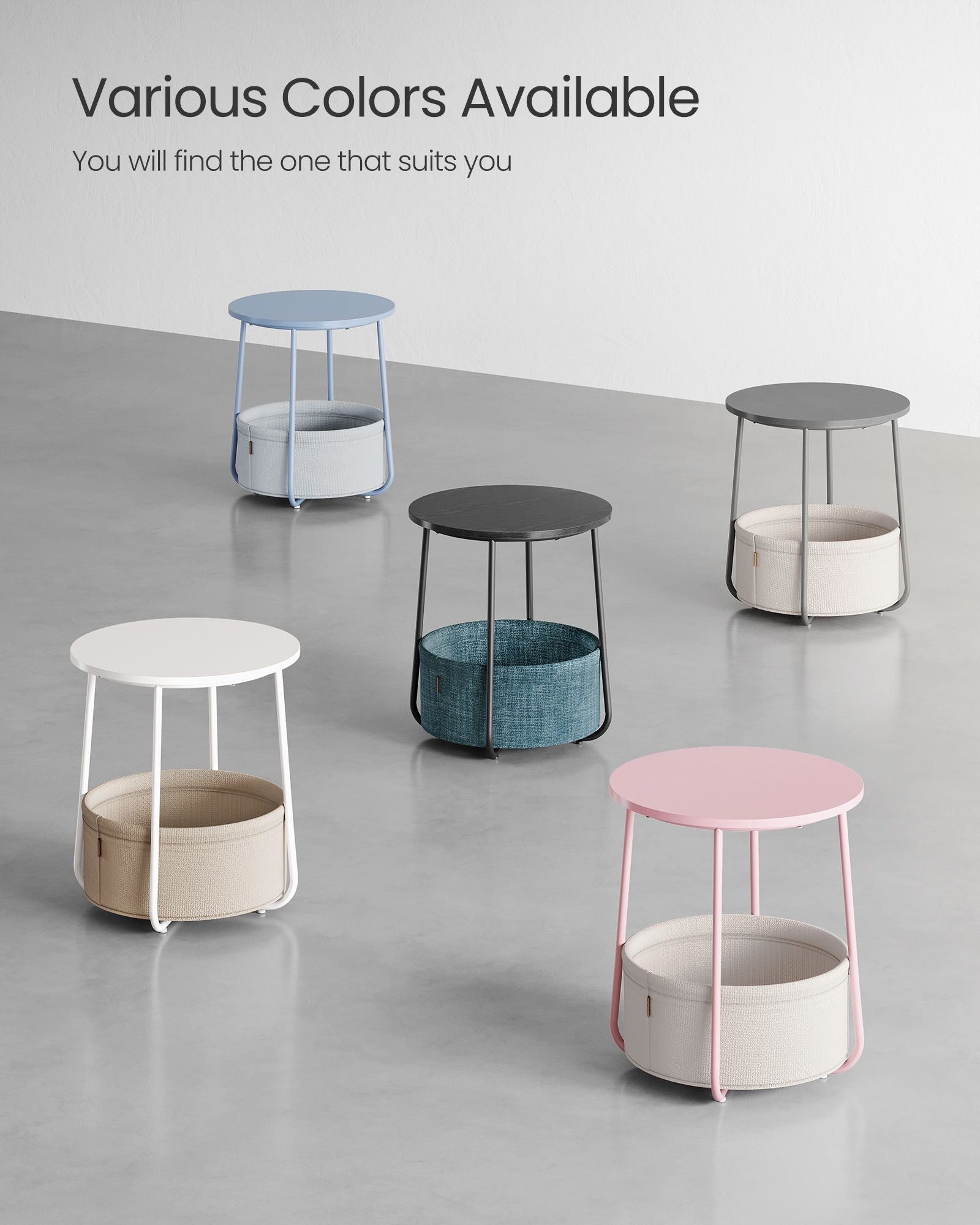 Round side table with fabric basket - 17" wide - sturdy steel frame - quick assembly