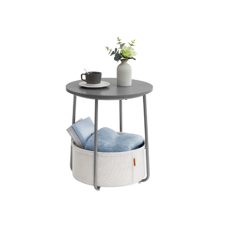 Round side table with fabric basket - 17" wide - sturdy steel frame - quick assembly