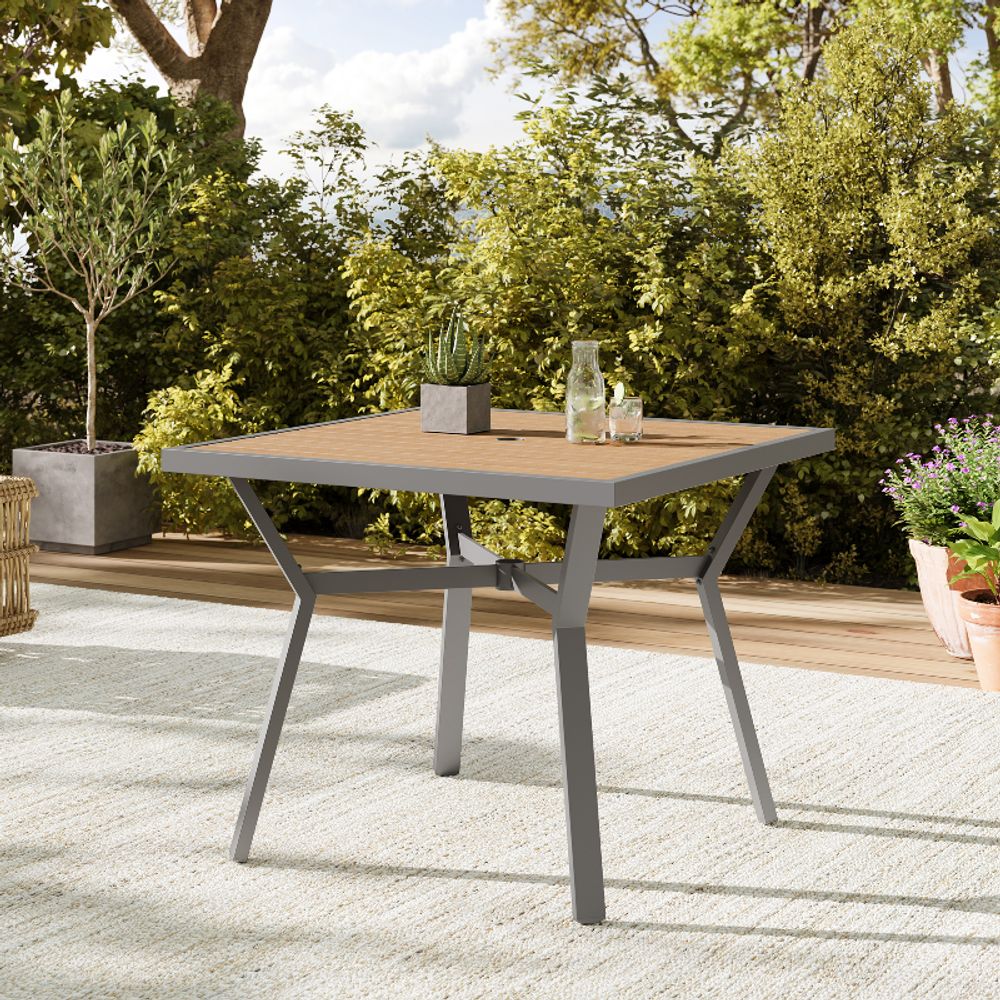 Sencillo Patio Dining Table, Faux Wood, Umbrella Hole, 35"