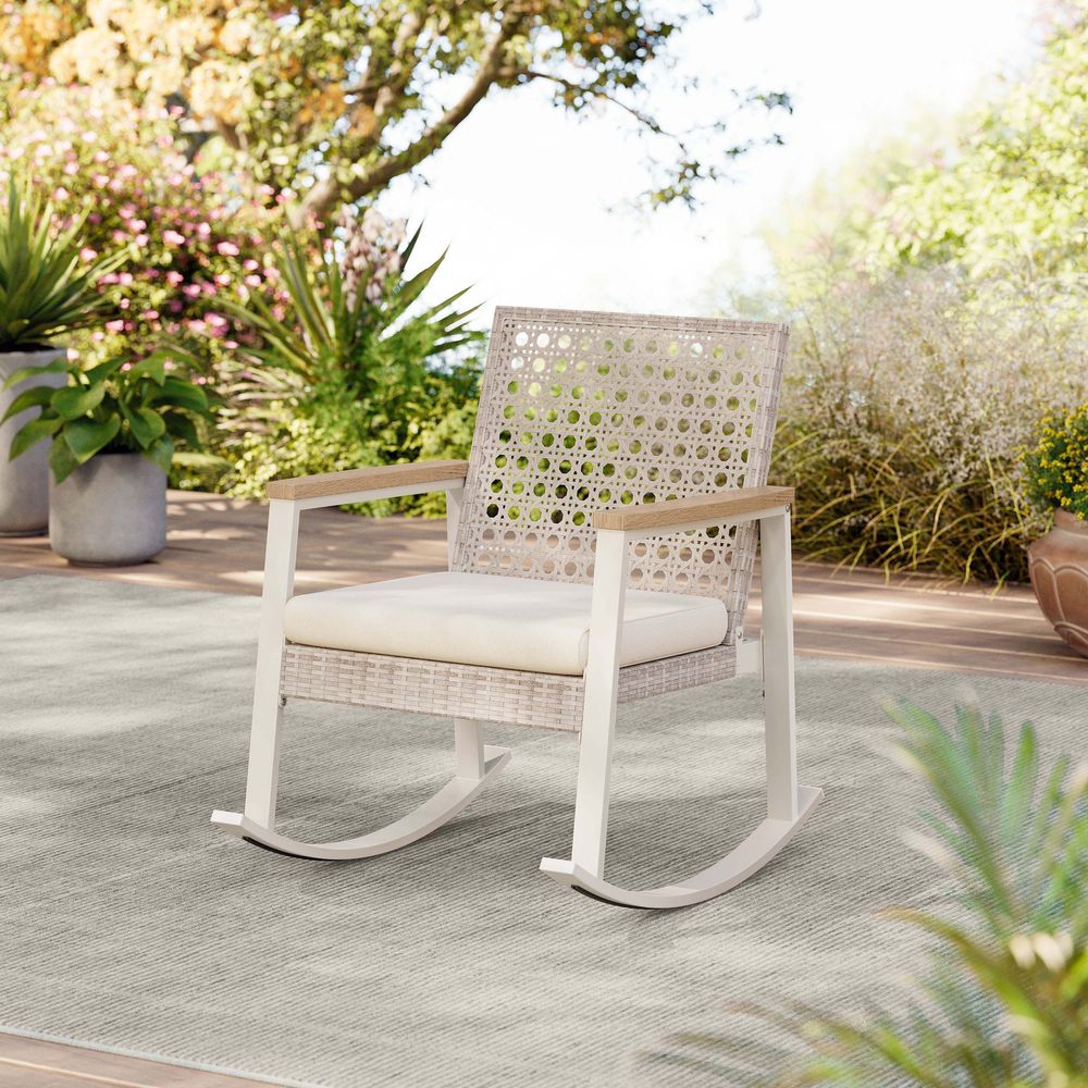Sencillo Rocking Chair, Rattan Look, Faux Wood, Outdoor