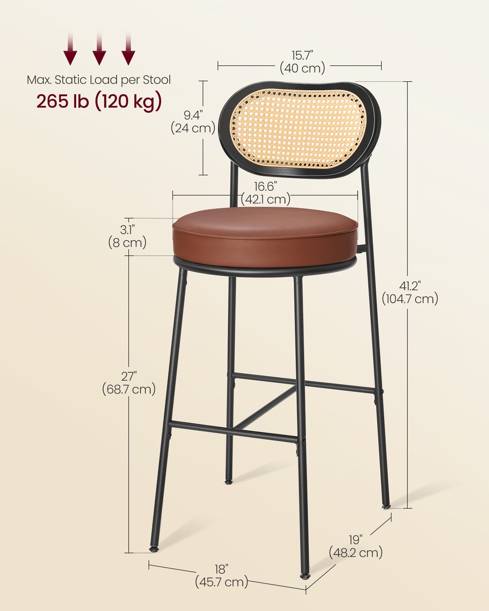 Set of 2 BOHO Rattan Bar Stools with Cushioned Seat - PE Rattan Back