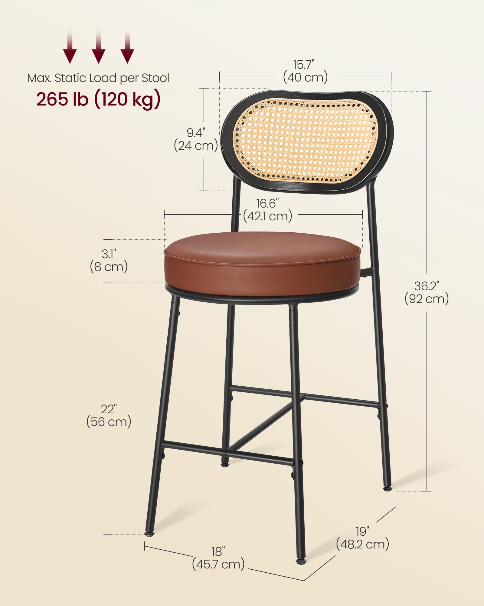 Set of 2 BOHO Rattan Bar Stools with Cushioned Seat - PE Rattan Back