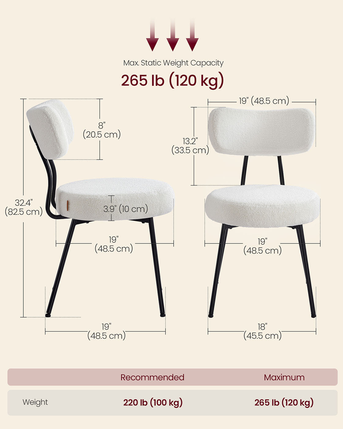 Set of 2 Dining Chairs, Teddy Fleece, Thick Cushion, Steel Frame, Adjustable Feet