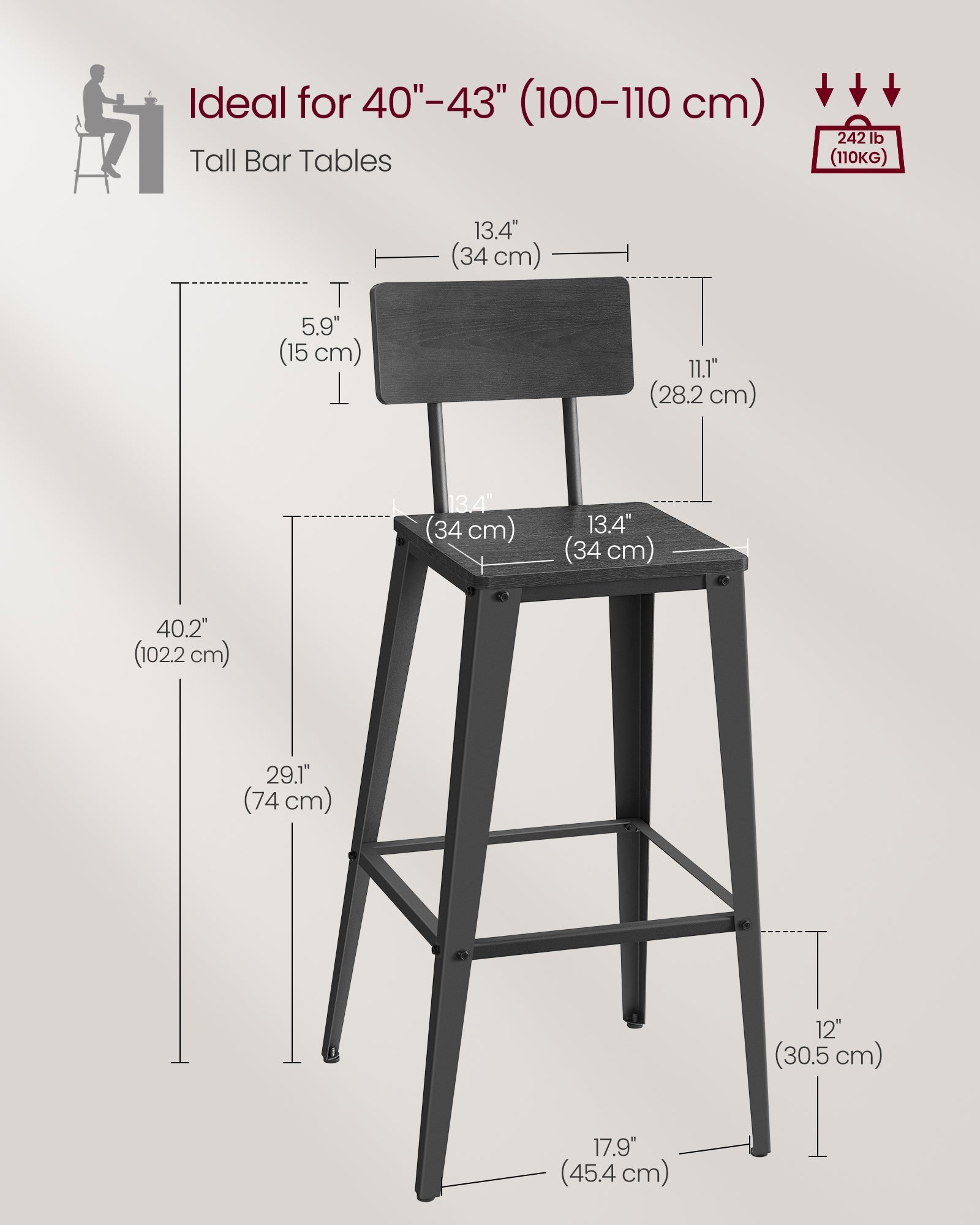 Set of 2 industrial bar stools - rustic brown with backrest and footrest - 29.1" seat height