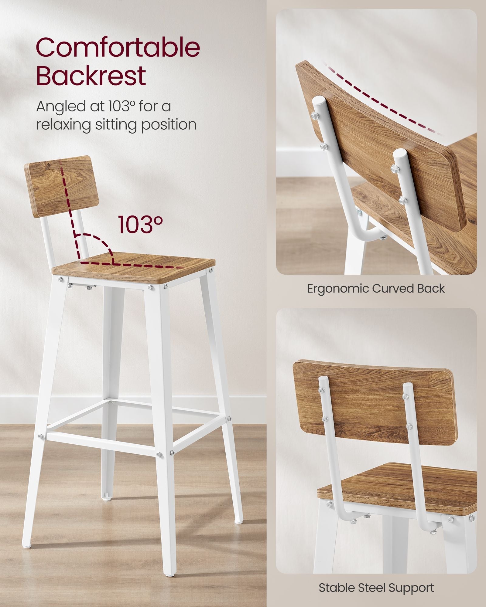 Set of 2 industrial bar stools - rustic brown with backrest and footrest - 29.1" seat height