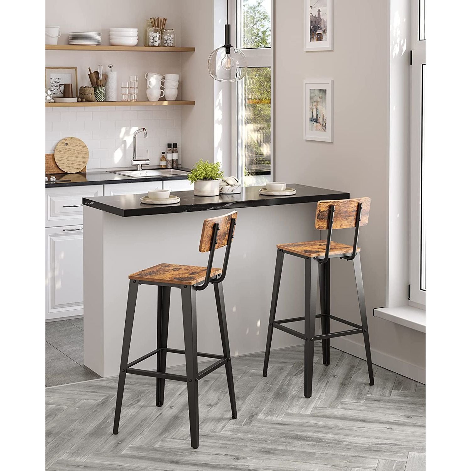 Set of 2 industrial bar stools - rustic brown with backrest and footrest - 29.1" seat height