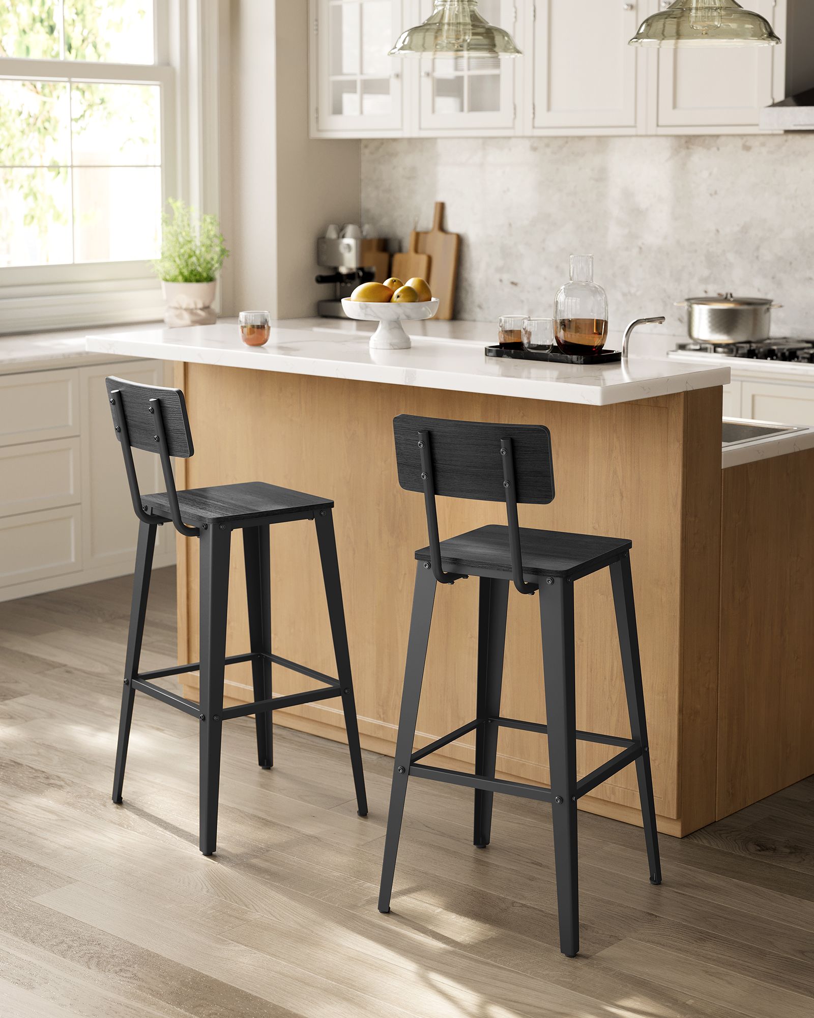 Set of 2 industrial bar stools - rustic brown with backrest and footrest - 29.1" seat height