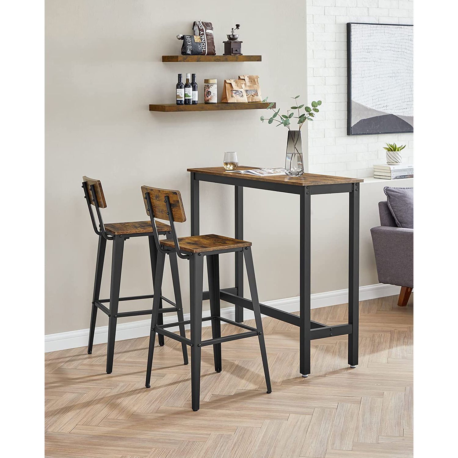 Set of 2 industrial bar stools - rustic brown with backrest and footrest - 29.1" seat height