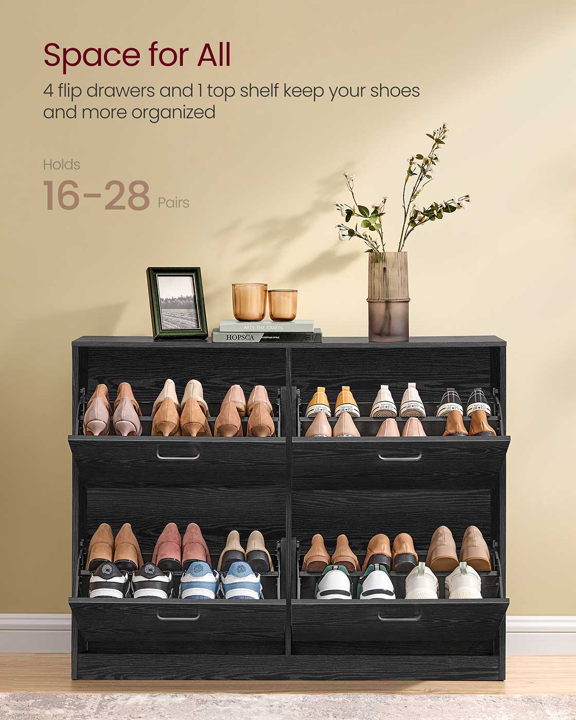 Shoe Cabinet, 4 Flip Drawers, Space-Saving, Holds 16–28 Pairs, Adjustable, Black