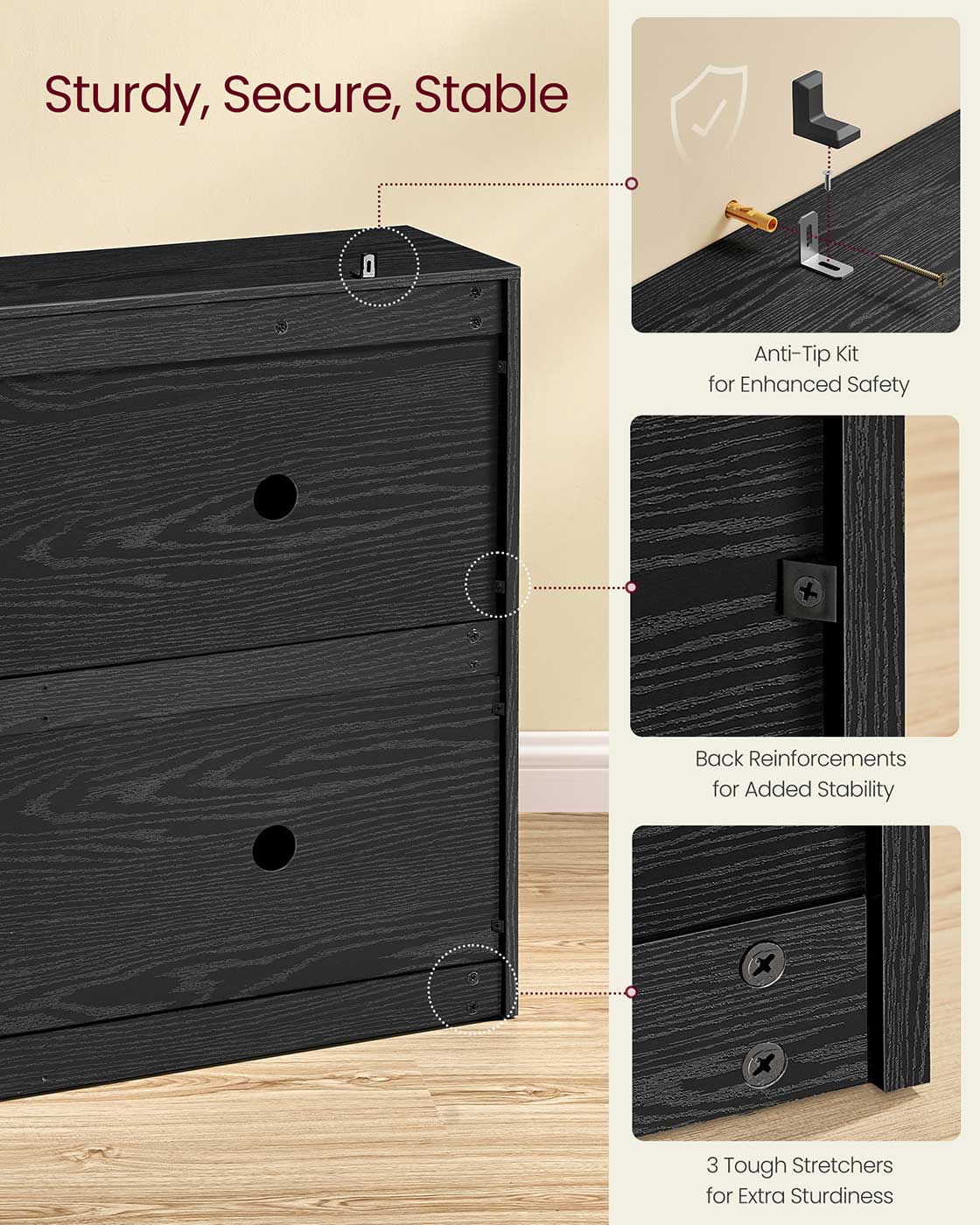 Shoe Cabinet, 4 Flip Drawers, Space-Saving, Holds 16–28 Pairs, Adjustable, Black