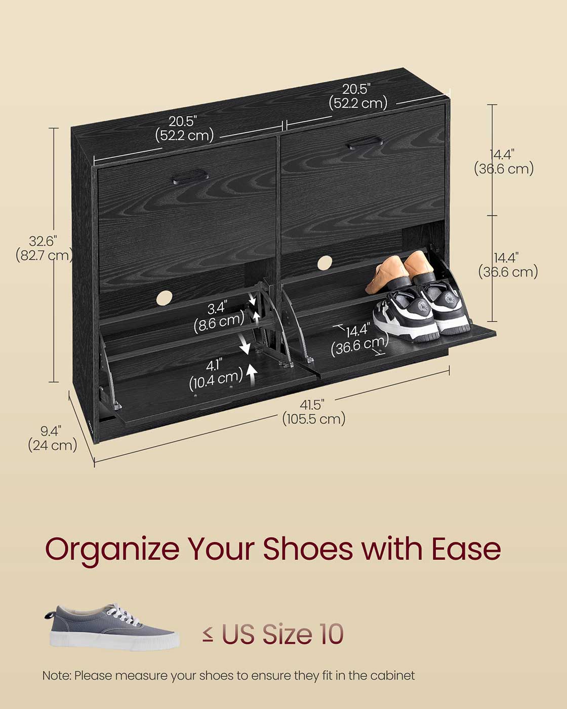 Shoe Cabinet, 4 Flip Drawers, Space-Saving, Holds 16–28 Pairs, Adjustable, Black