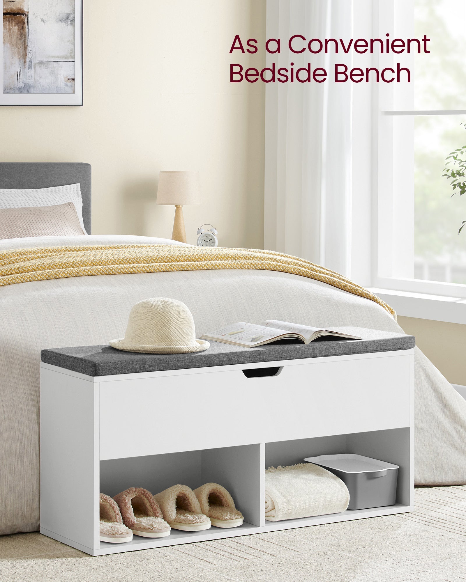 Shoe storage bench – 2 shelves – lift-top compartment – removable cushion