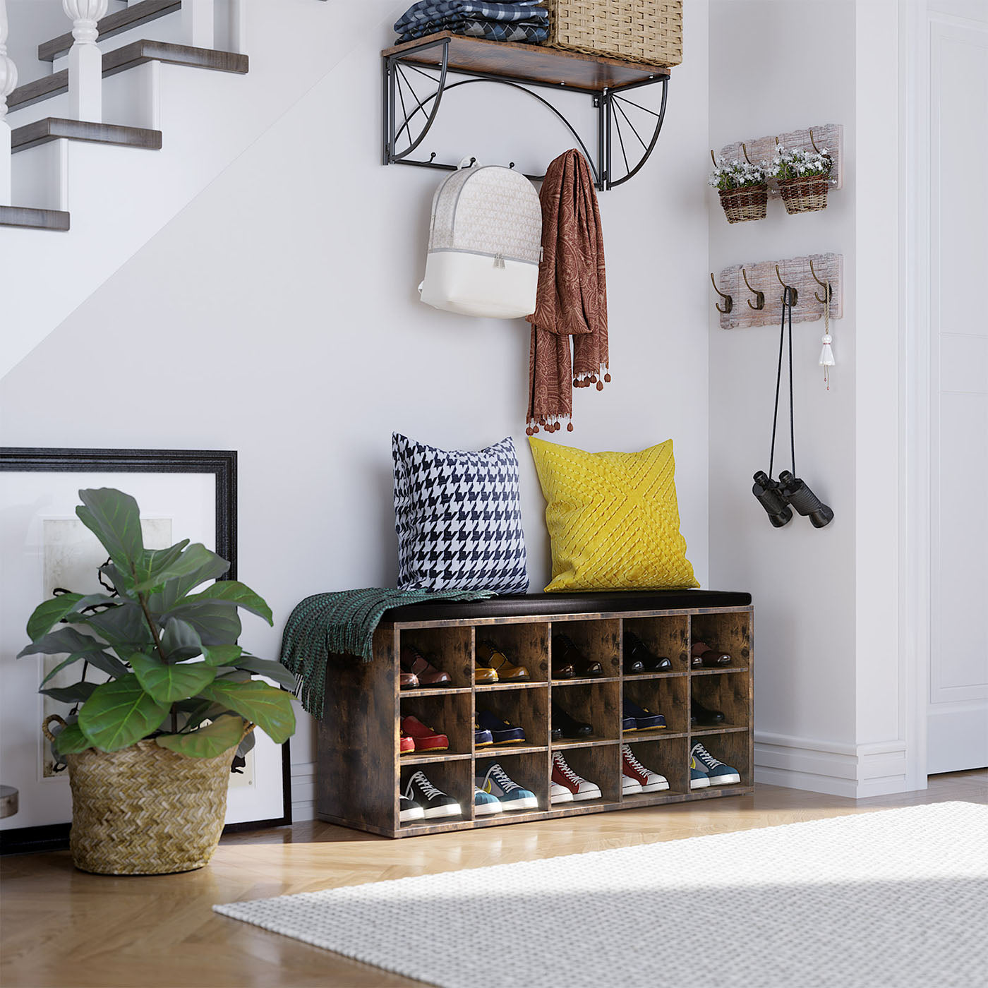 Shoe storage bench with cushion – holds 15 pairs
