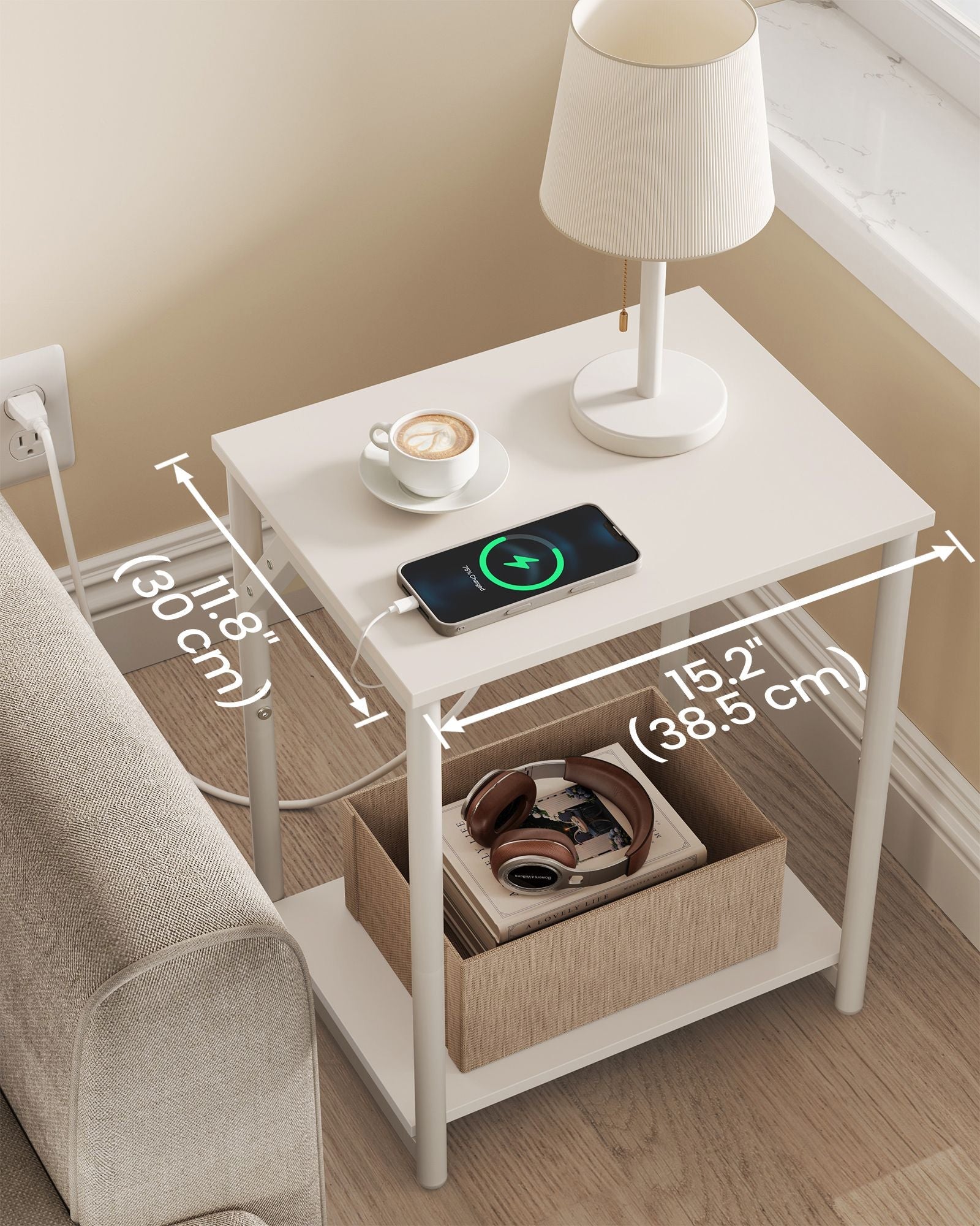 Side table with charging station - narrow end tables with outlets & usb ports - 18.9" tall