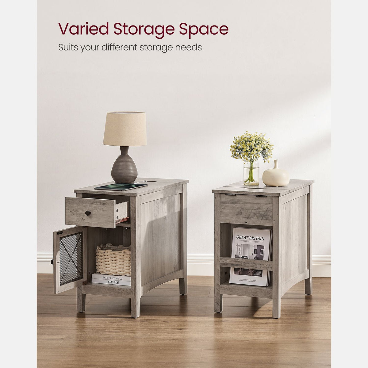 Side table with charging station – usb ports, flip-up cord storage, drawer & cabinet
