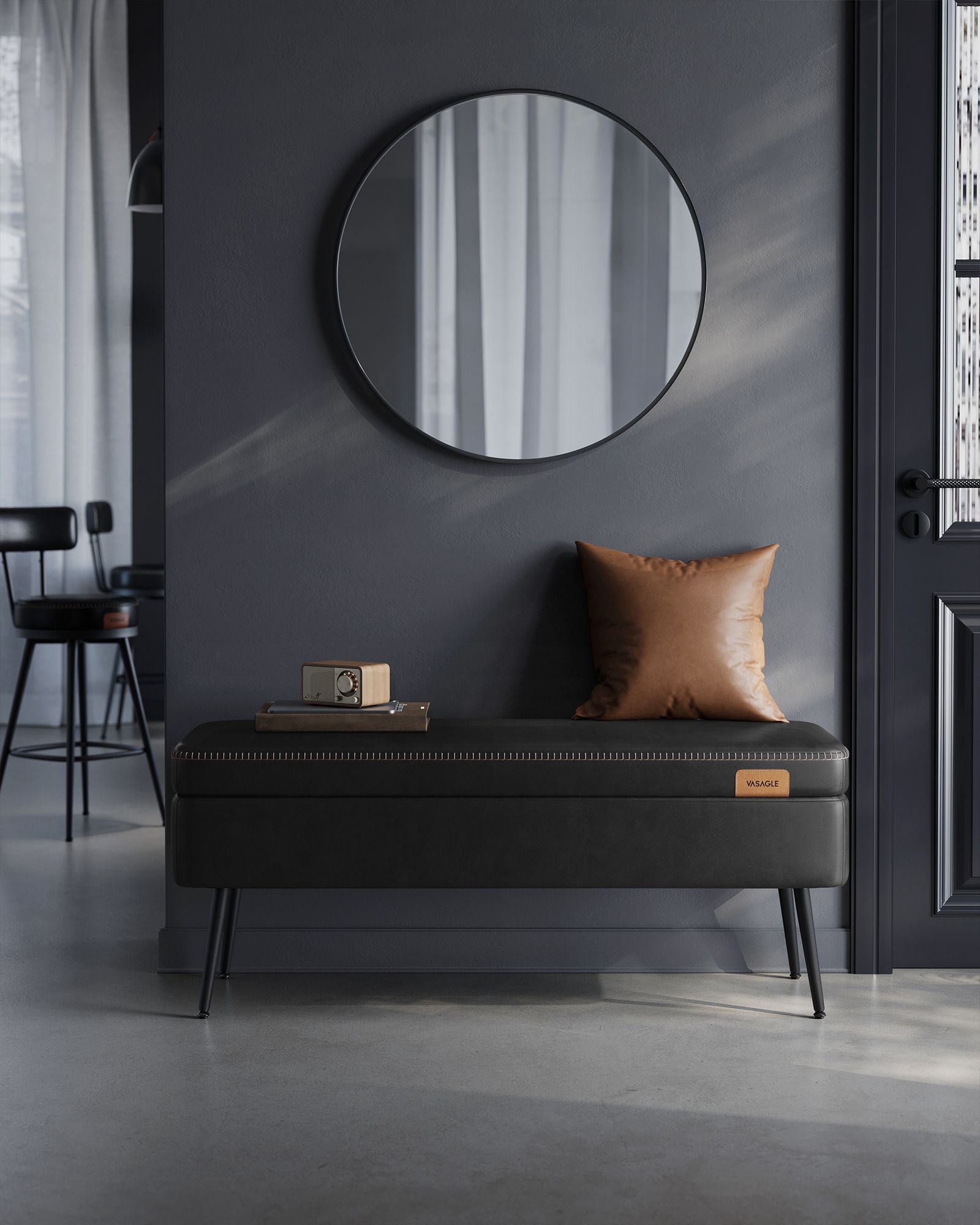 Storage Ottoman Bench, Upholstered, Hidden Compartment, PU Leather, Steel Legs