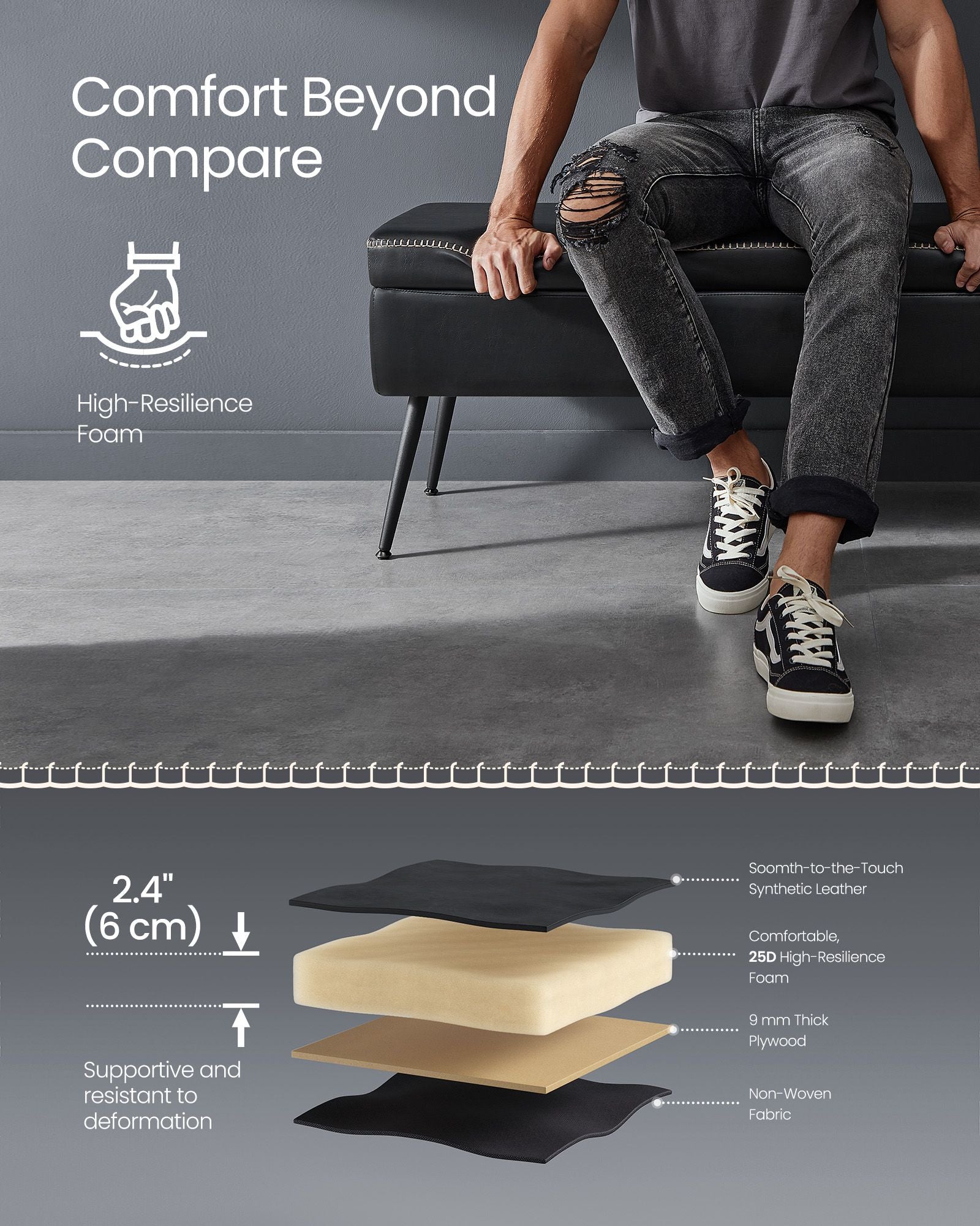 Storage Ottoman Bench, Upholstered, Hidden Compartment, PU Leather, Steel Legs