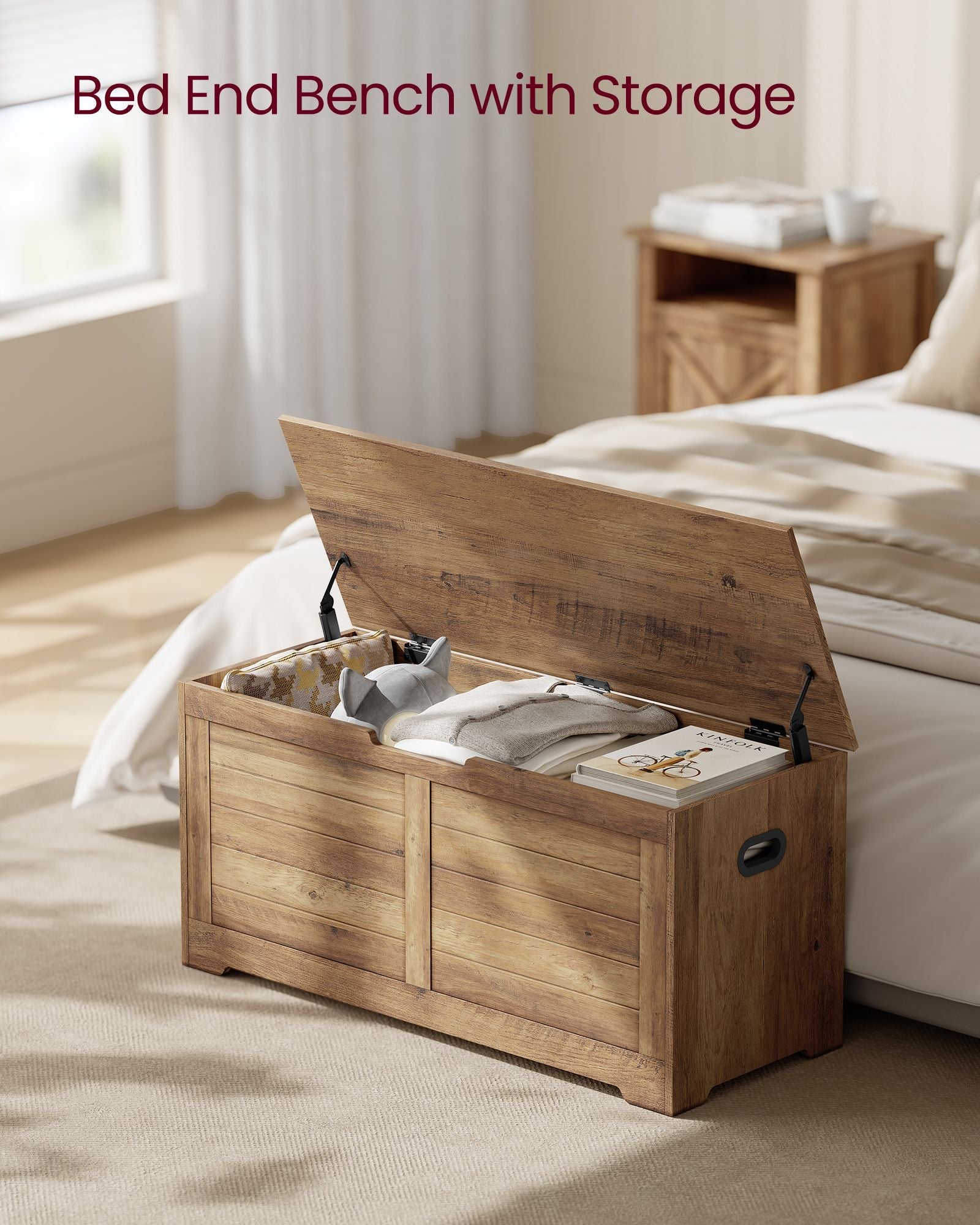 Storage chest with hinged lid – entryway trunk – large hidden compartment – 300 lb capacity