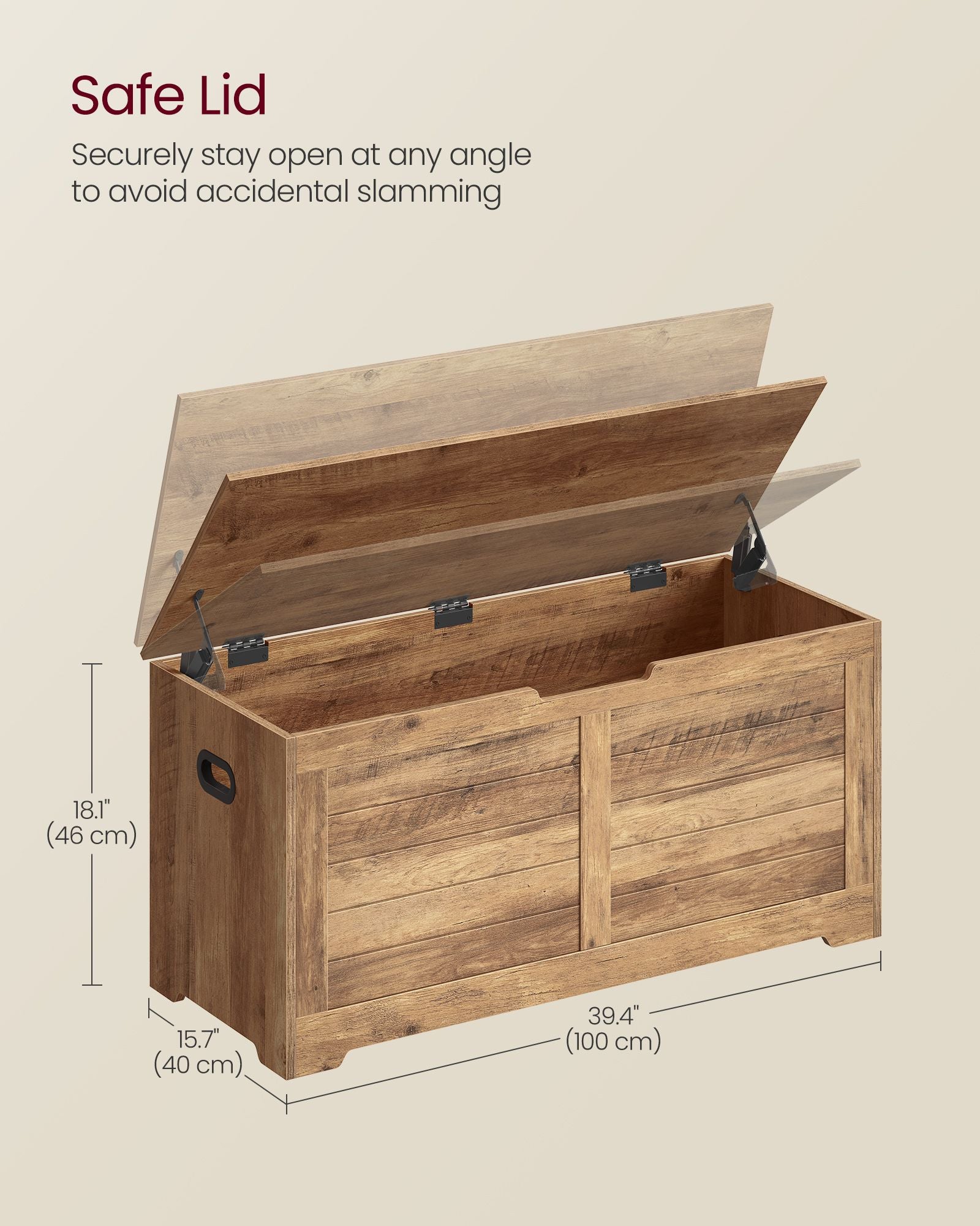 Storage chest with hinged lid – entryway trunk – large hidden compartment – 300 lb capacity