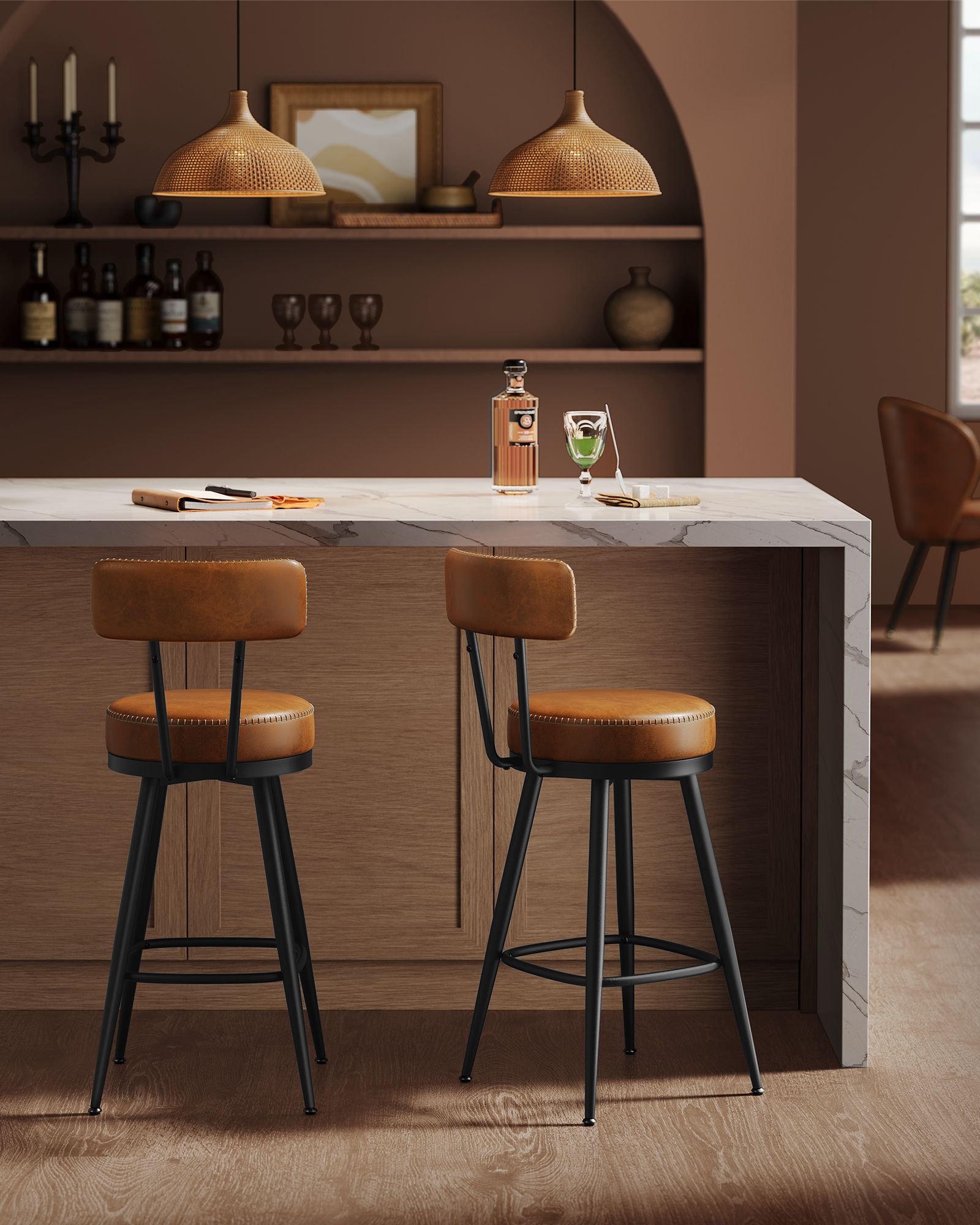 Swivel Bar Stools – Set of 2 – Faux Leather Seat with 360° Rotation – Steel Frame with Adjustable Feet – 25.6"/30" Seat Height