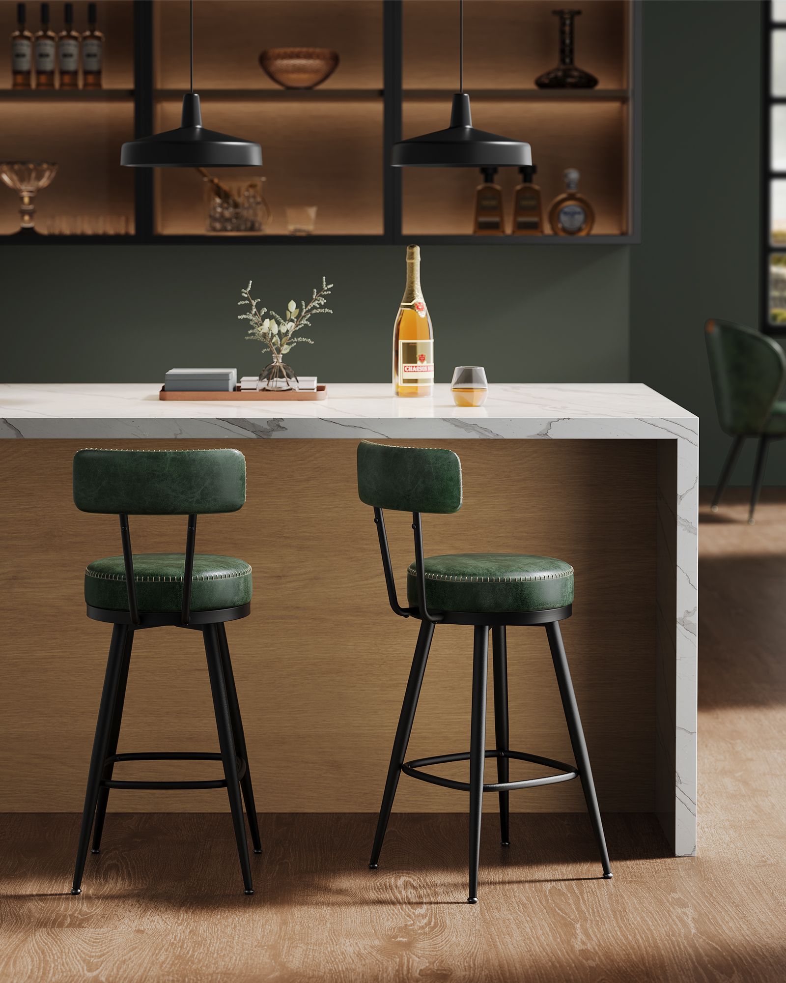 Swivel Bar Stools – Set of 2 – Faux Leather Seat with 360° Rotation – Steel Frame with Adjustable Feet – 25.6"/30" Seat Height