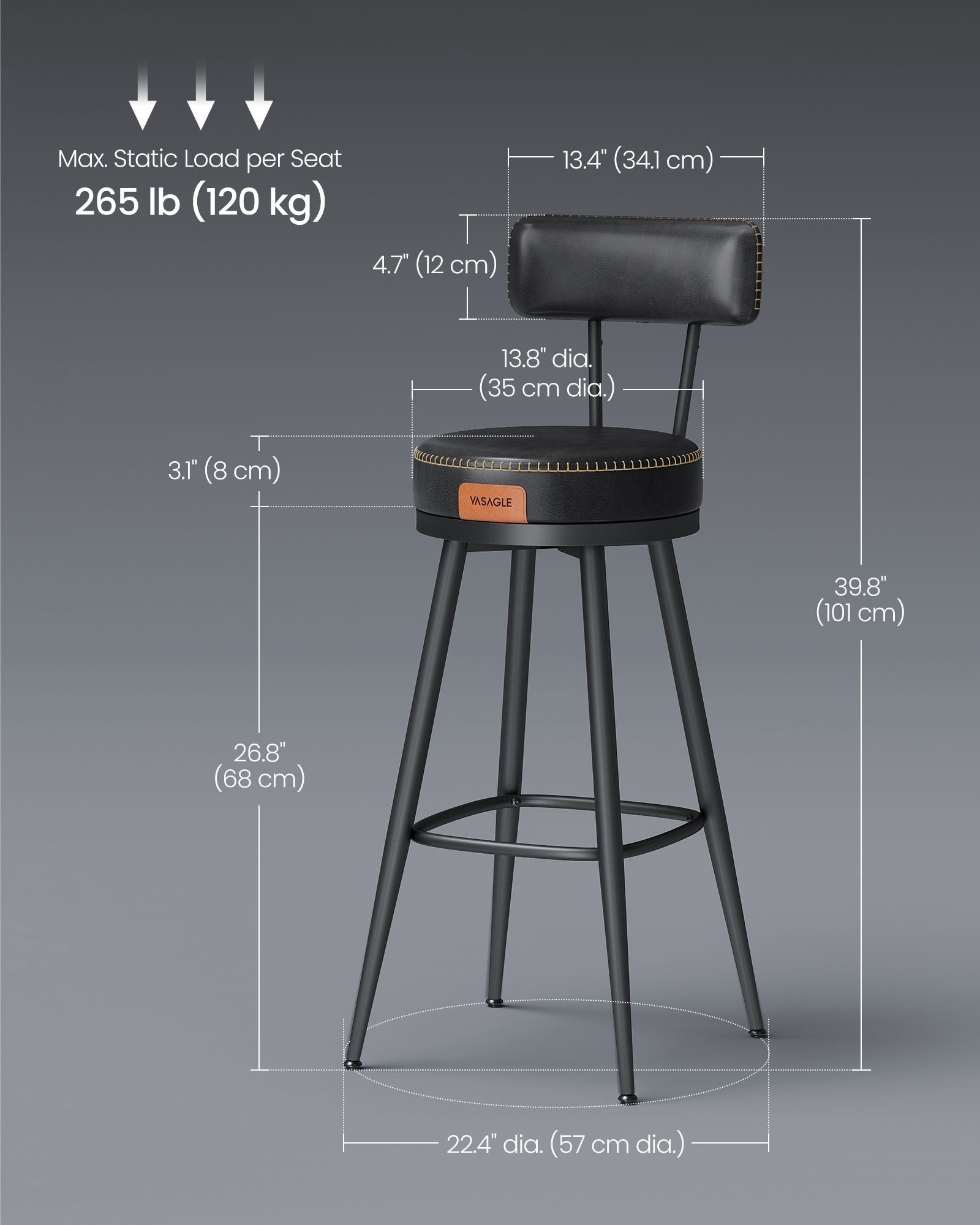 Swivel Bar Stools – Set of 2 – Faux Leather Seat with 360° Rotation – Steel Frame with Adjustable Feet – 25.6"/30" Seat Height