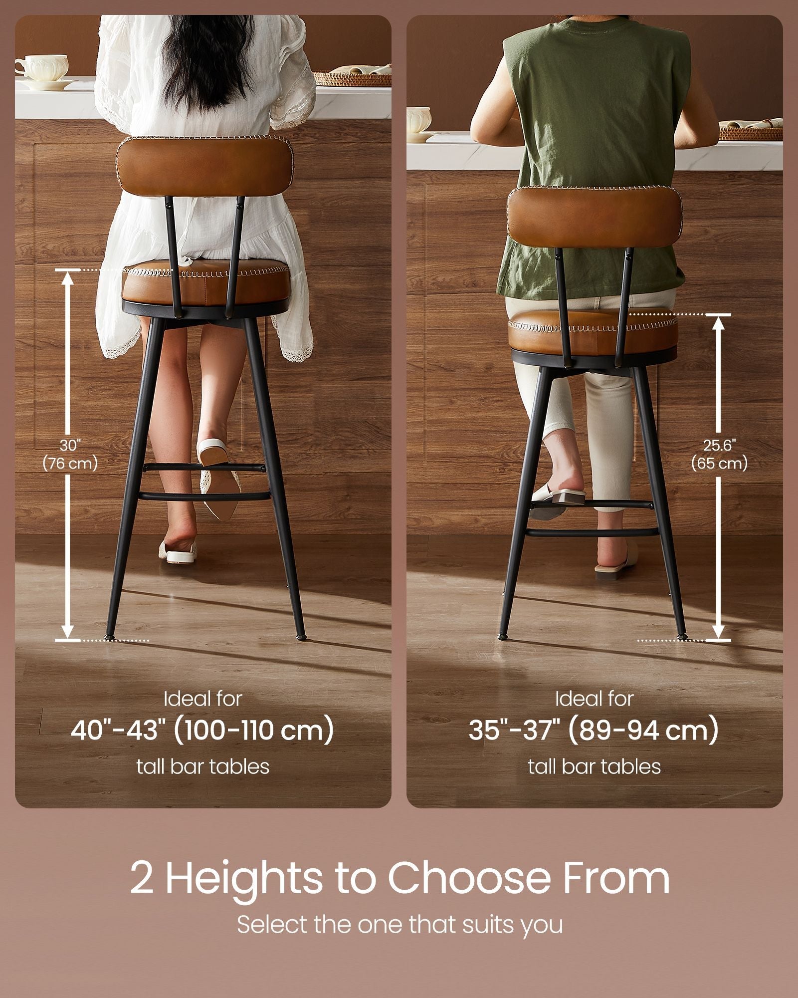 Swivel Bar Stools – Set of 2 – Faux Leather Seat with 360° Rotation – Steel Frame with Adjustable Feet – 25.6"/30" Seat Height