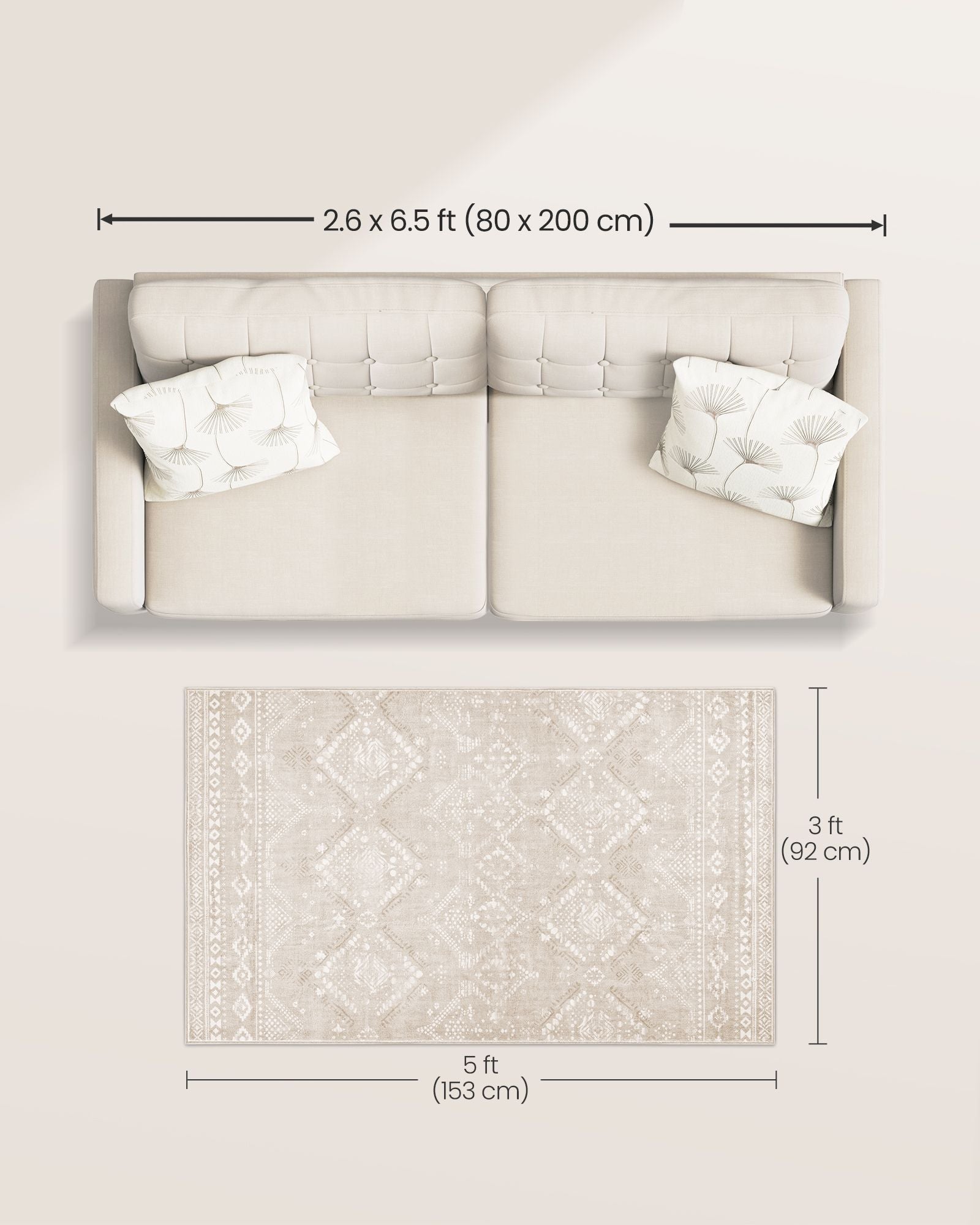 Area Rug with Non Slip Design and Machine Washable 3x5 Ft - Beige Boho