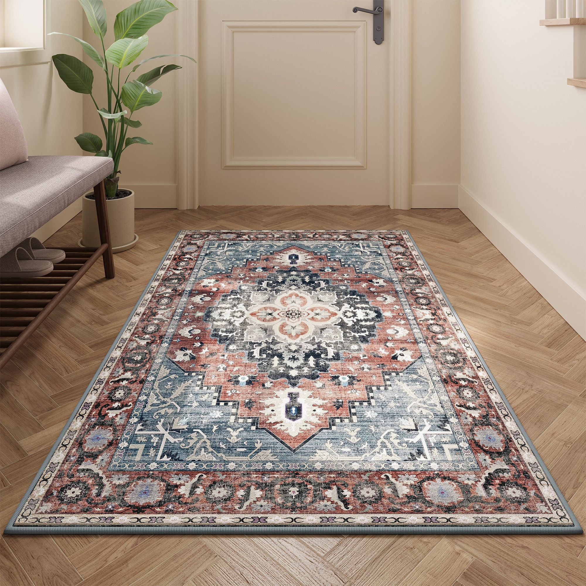 Area Rug - Non-Slip Carpet - Traditional Vintage Style - Machine Washable - Bedroom Kitchen Living Room - Rust Blue - Small