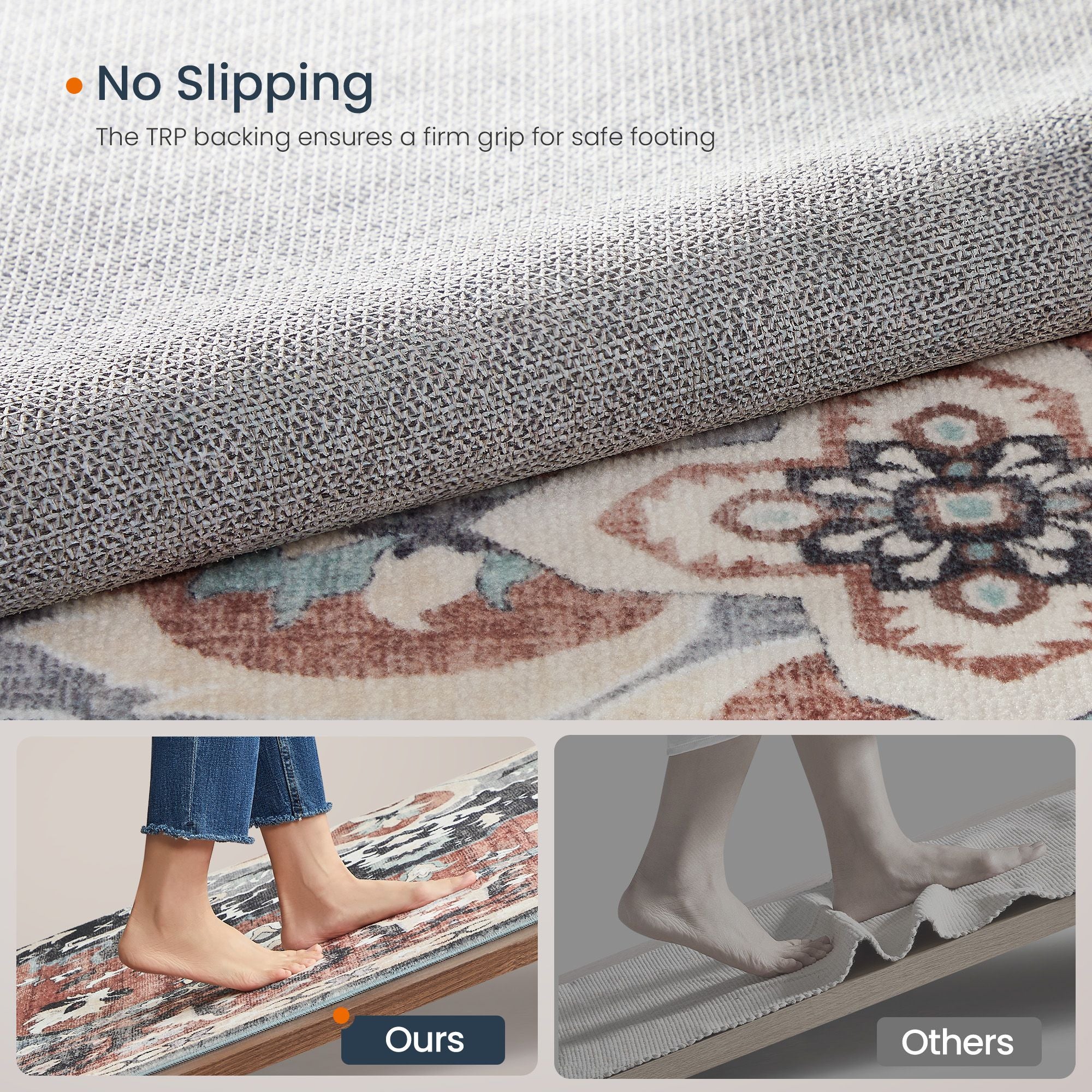 Area Rug - Non-Slip Carpet - Traditional Vintage Style - Machine Washable - Bedroom Kitchen Living Room - Rust Blue
