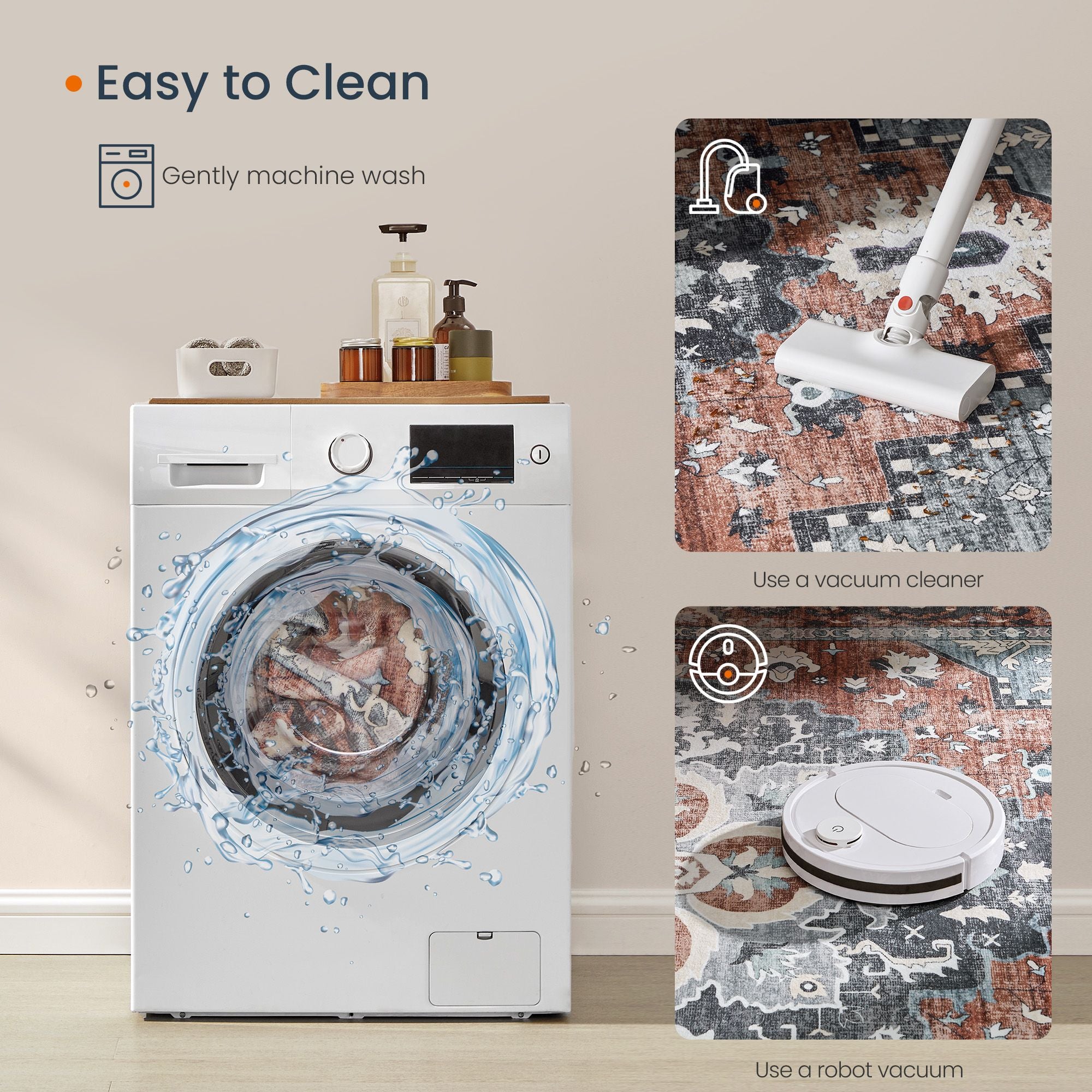 Area Rug - Non-Slip Carpet - Traditional Vintage Style - Machine Washable - Bedroom Kitchen Living Room - Rust Blue