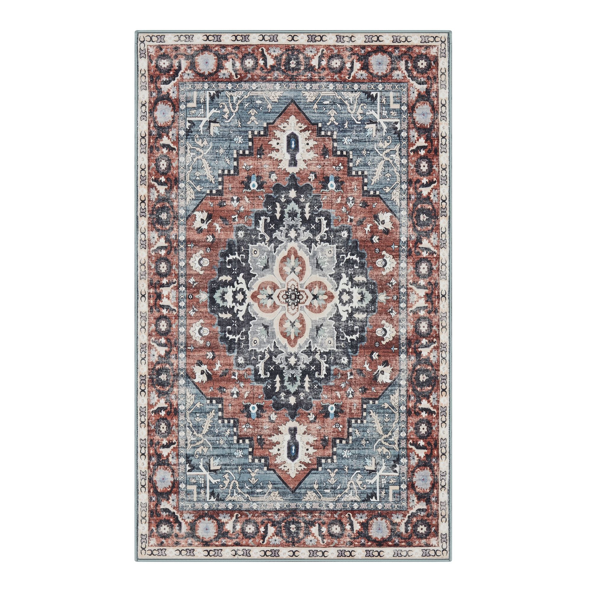 Area Rug - Non-Slip Carpet - Traditional Vintage Style - Machine Washable - Bedroom Kitchen Living Room - Rust Blue