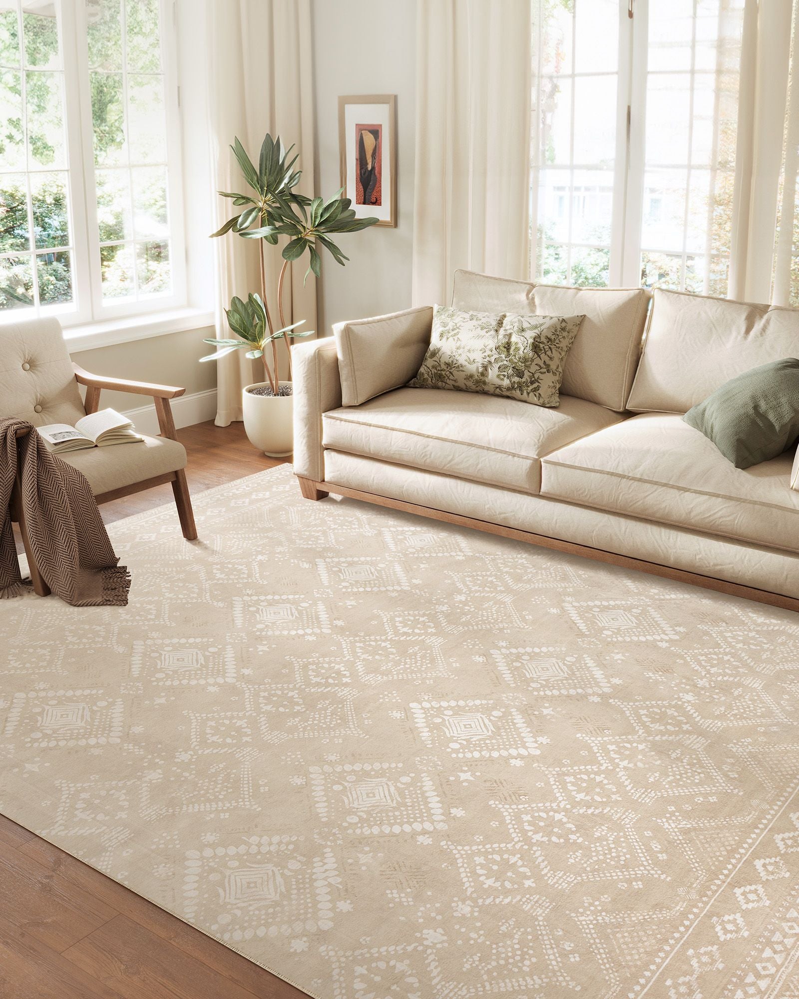 Area Rug - 8x10 Ft Rug for Bedroom - Non-Slip Carpet - Home Decor - for Living Room - Machine Washable - Beige Boho