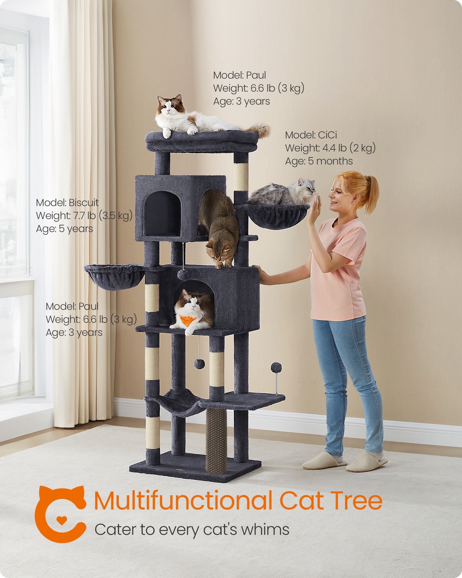 Tall Cat Tree Tower, 69", Multi-Level, Hammock, Caves, Sisal Posts, Plush