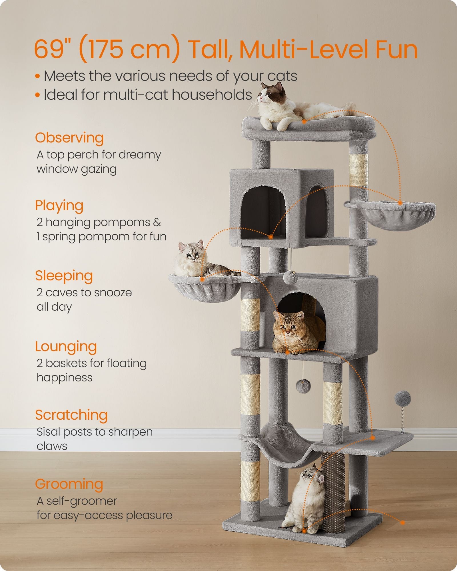Tall Cat Tree Tower, 69", Multi-Level, Hammock, Caves, Sisal Posts, Plush