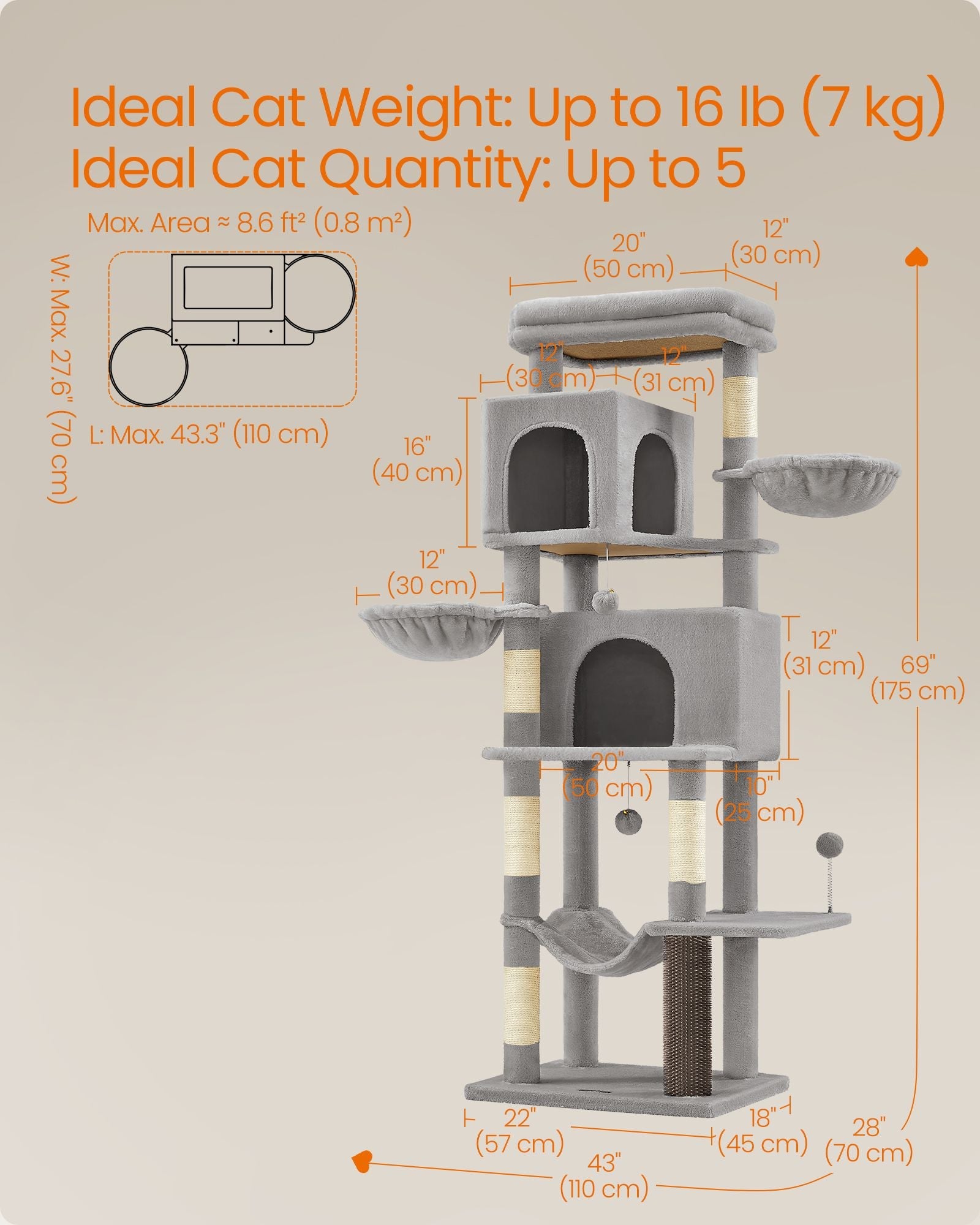 Tall Cat Tree Tower, 69", Multi-Level, Hammock, Caves, Sisal Posts, Plush