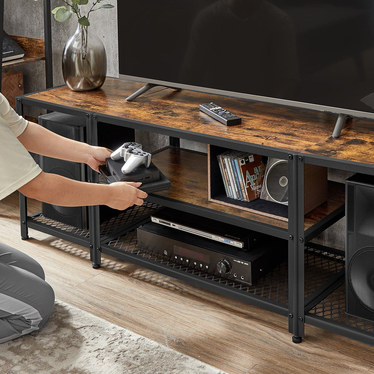 Tv stand with mesh shelf - rustic industrial console table for tvs up to 70"