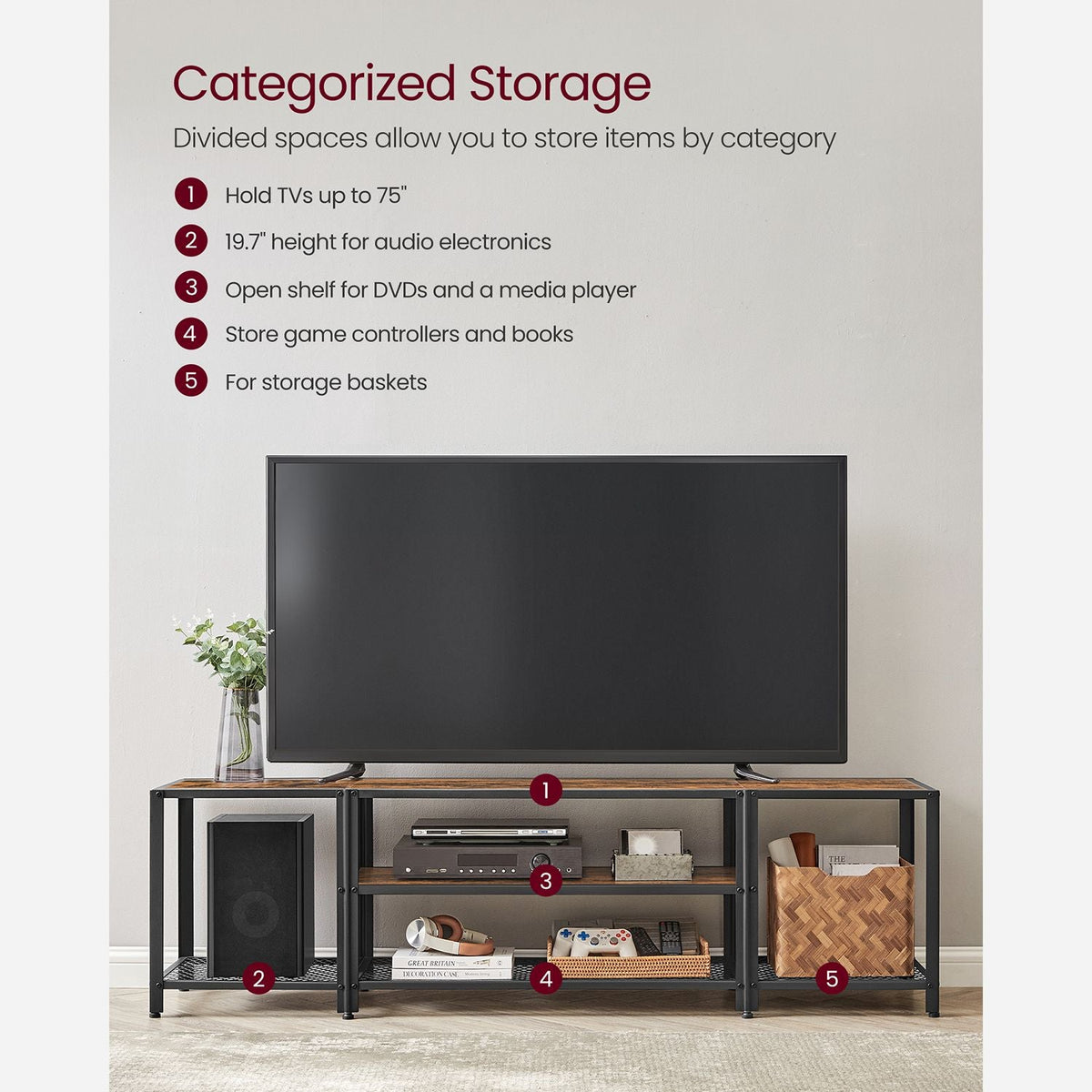 Tv stand with mesh shelf - rustic industrial console table for tvs up to 70"