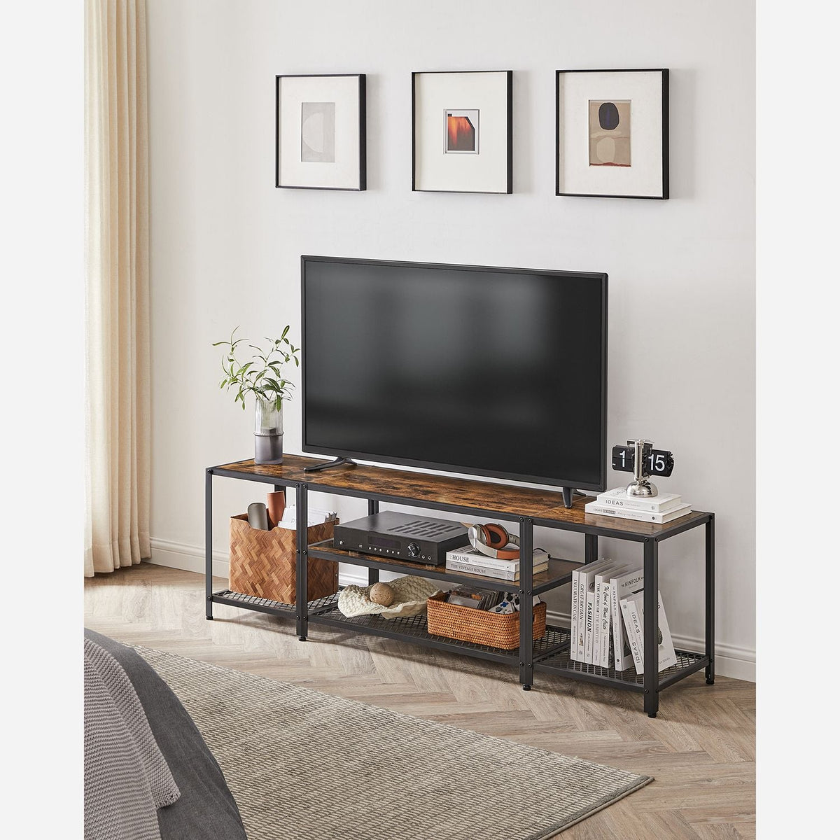 Tv stand with mesh shelf - rustic industrial console table for tvs up to 70"