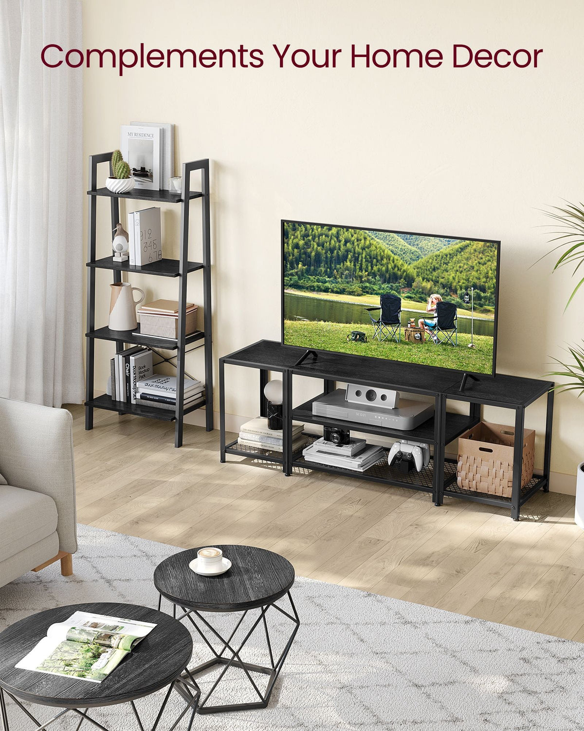 Tv stand with mesh shelf - rustic industrial console table for tvs up to 70"