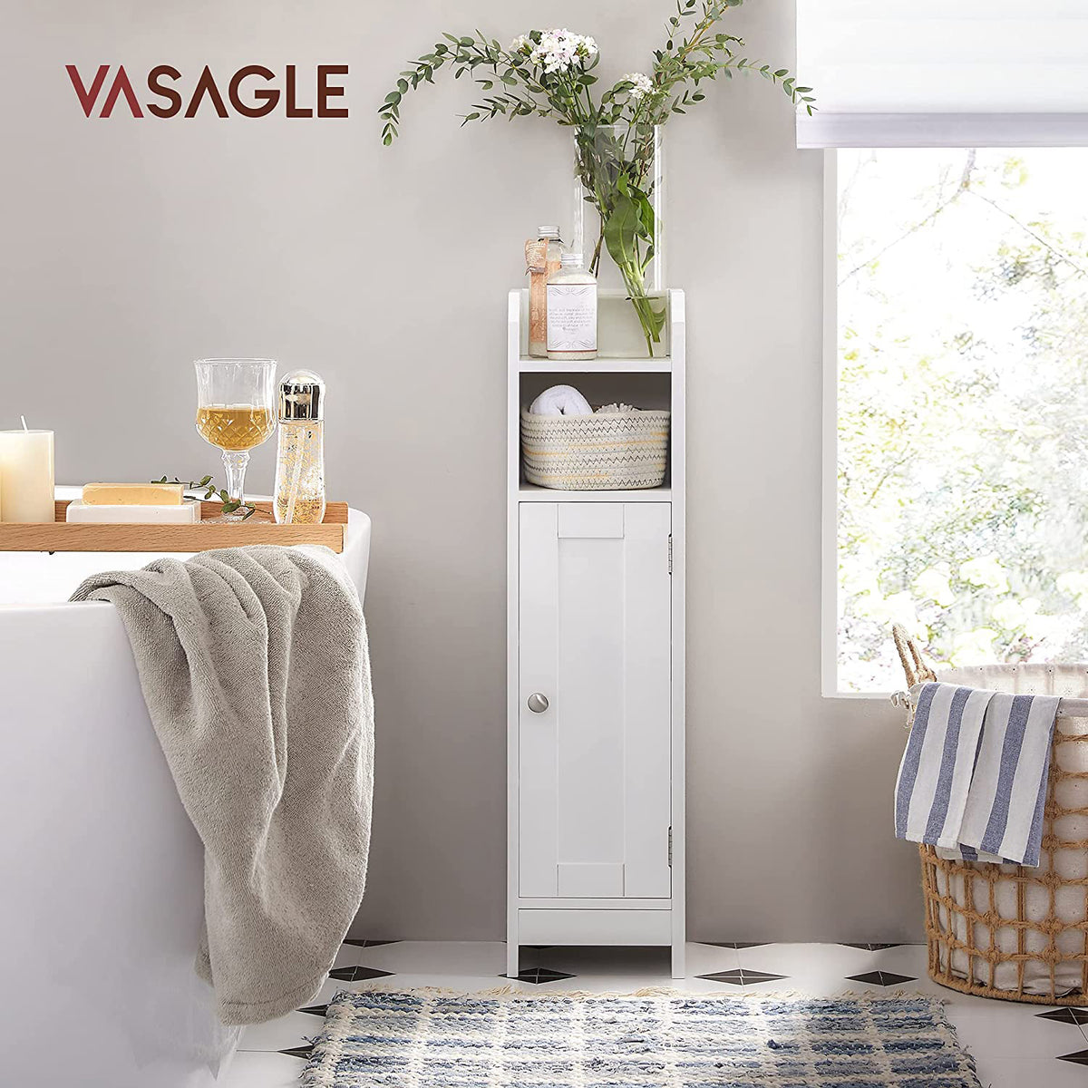 Corner Floor Cabinet - Small Bathroom Storage - Door and Shelves