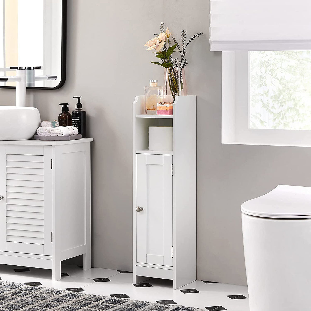 Corner Floor Cabinet - Small Bathroom Storage - Door and Shelves