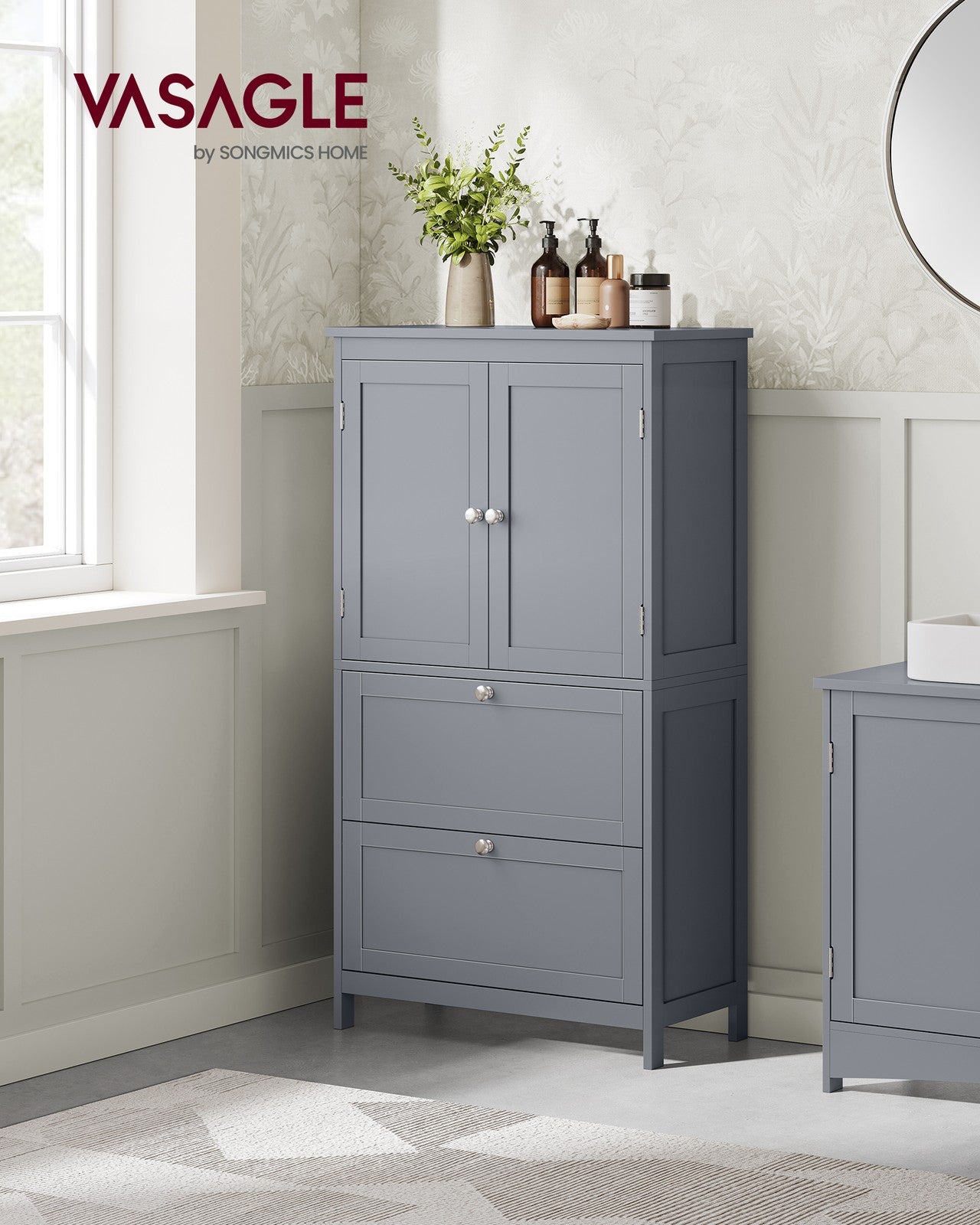 Bathroom Floor Storage Cabinet - 2 Drawers and 2 Doors - Adjustable Shelf
