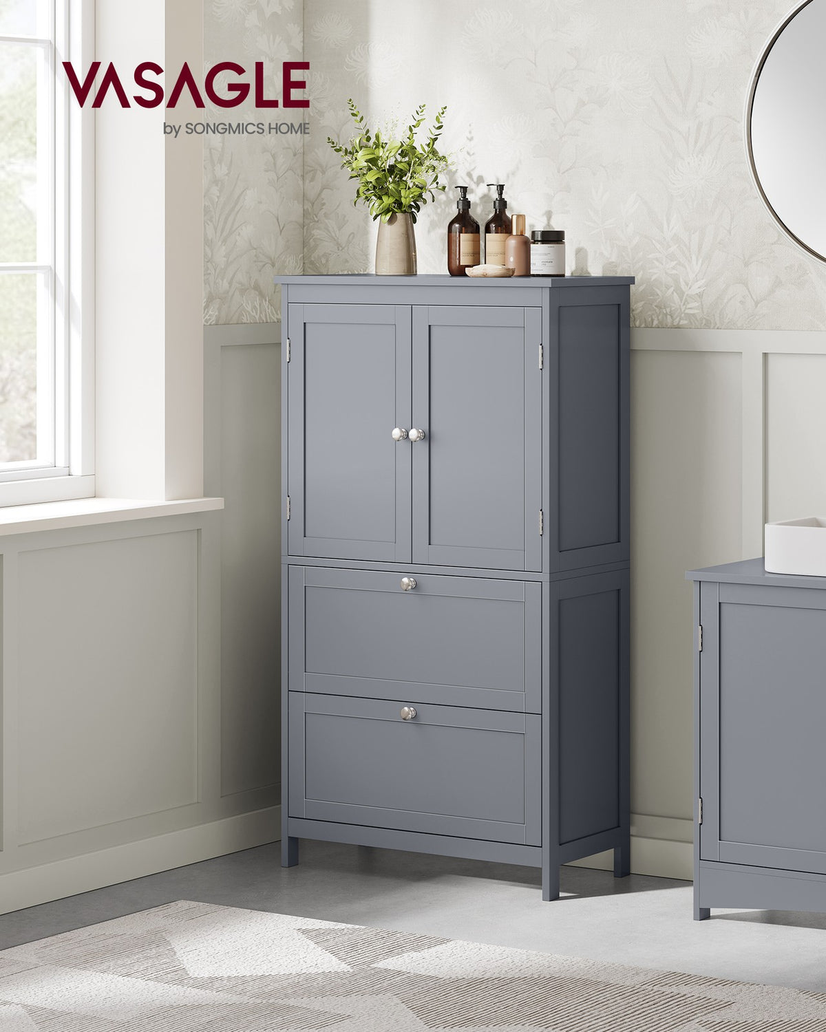 Bathroom Floor Storage Cabinet - 2 Drawers and 2 Doors - Adjustable Shelf