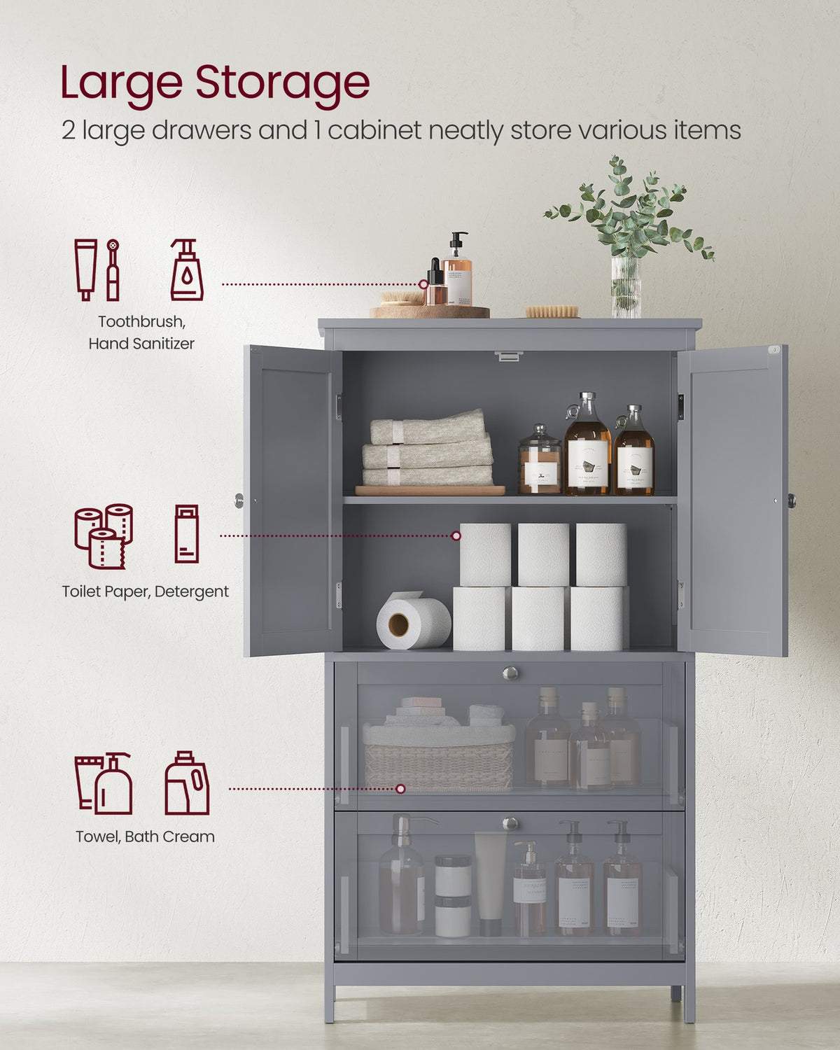 Bathroom Floor Storage Cabinet - 2 Drawers and 2 Doors - Adjustable Shelf