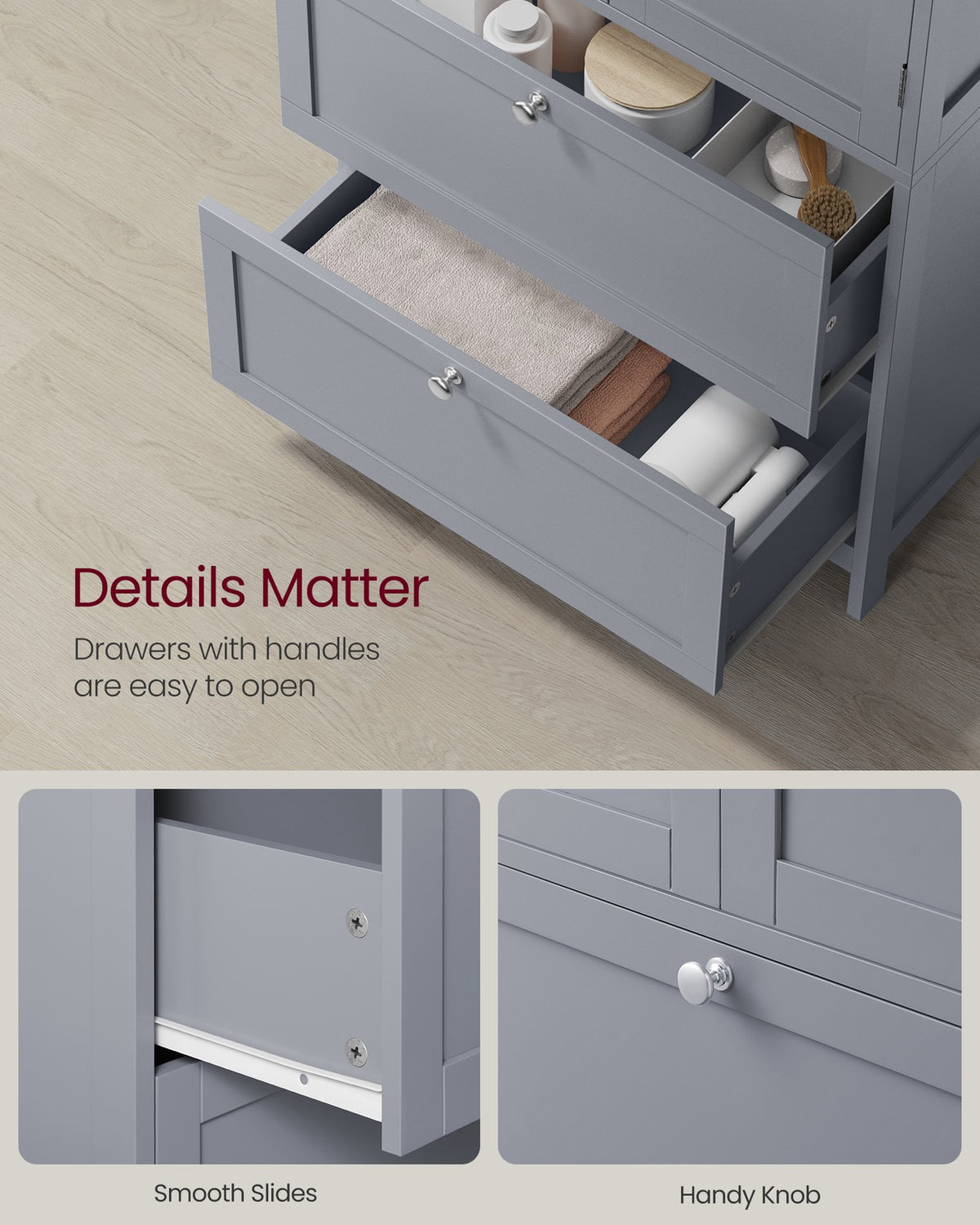 Bathroom Floor Storage Cabinet - 2 Drawers and 2 Doors - Adjustable Shelf