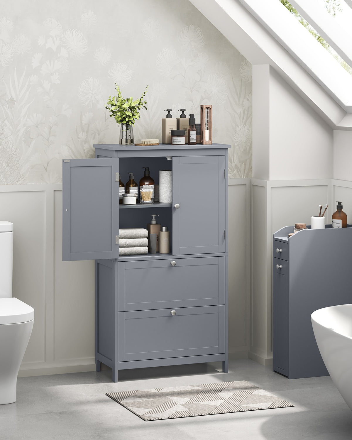 Bathroom Floor Storage Cabinet - 2 Drawers and 2 Doors - Adjustable Shelf